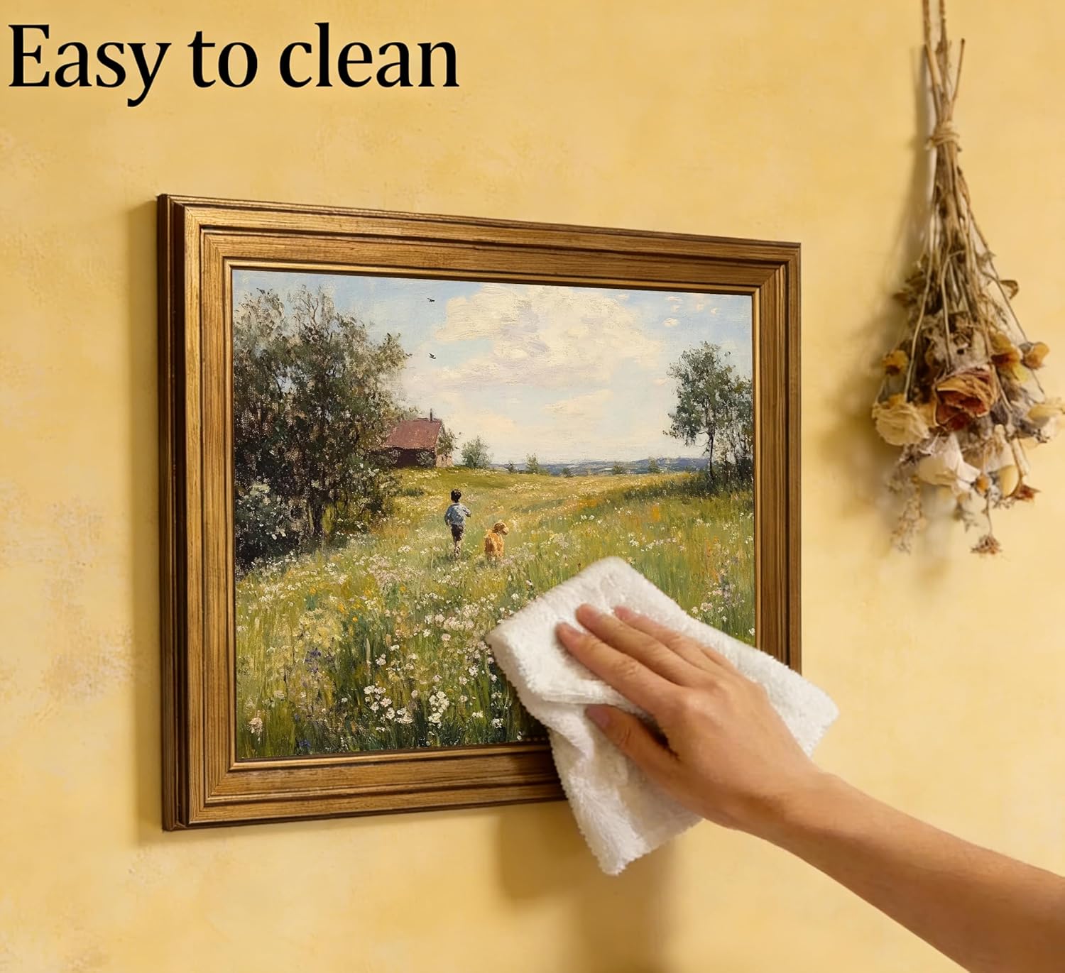 Gold Framed Vintage Landscape Canvas Wall Art Boy Dog Running in the Flower Field Painting Picture Wall Decor Spring Meadow Oil Painting Poster Print Artwork for Living Room Bedroom Home Decoration