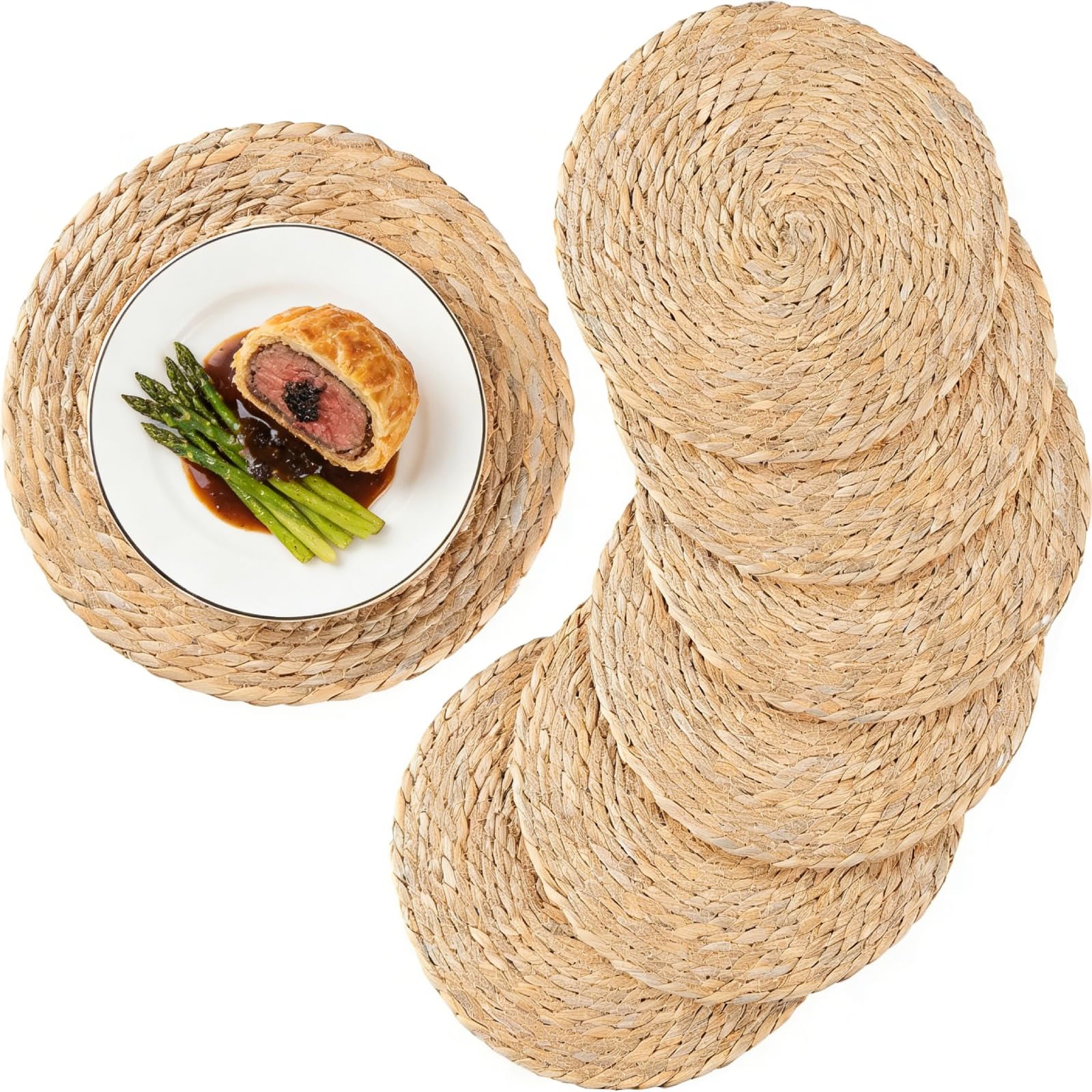 Round Woven Rattan Placemats, Handmade Natural Daffodil Pattern, Bohemian Style, Ideal for Gatherings, Outdoor Picnics, Weddings (Set of 6, 12 Inches Each)