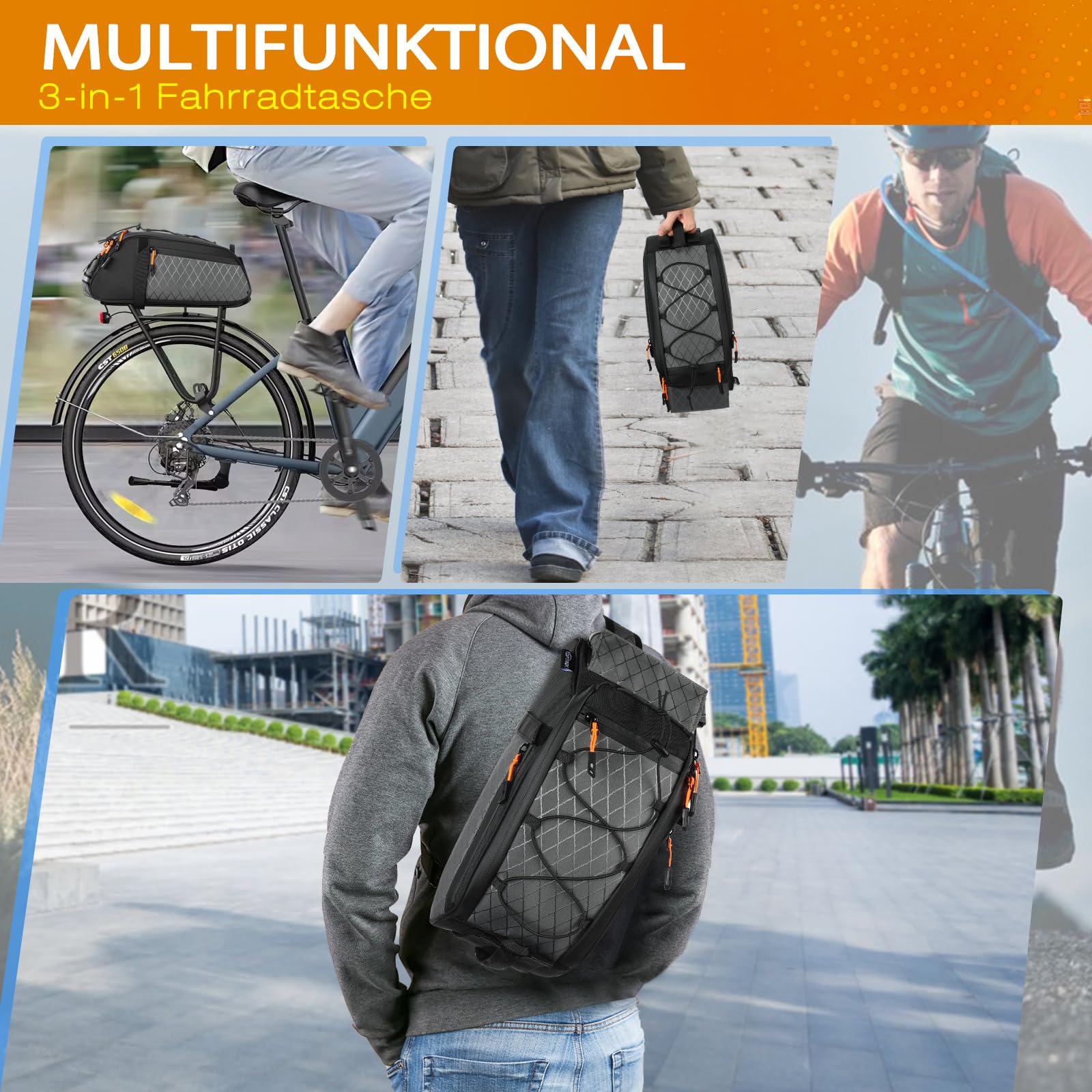 toptrek Borse per bicicletta 3 in 1, per portapacchi, 10 l, impermeabile | Borsa per bicicletta, portapacchi, con maniglia e tracolla