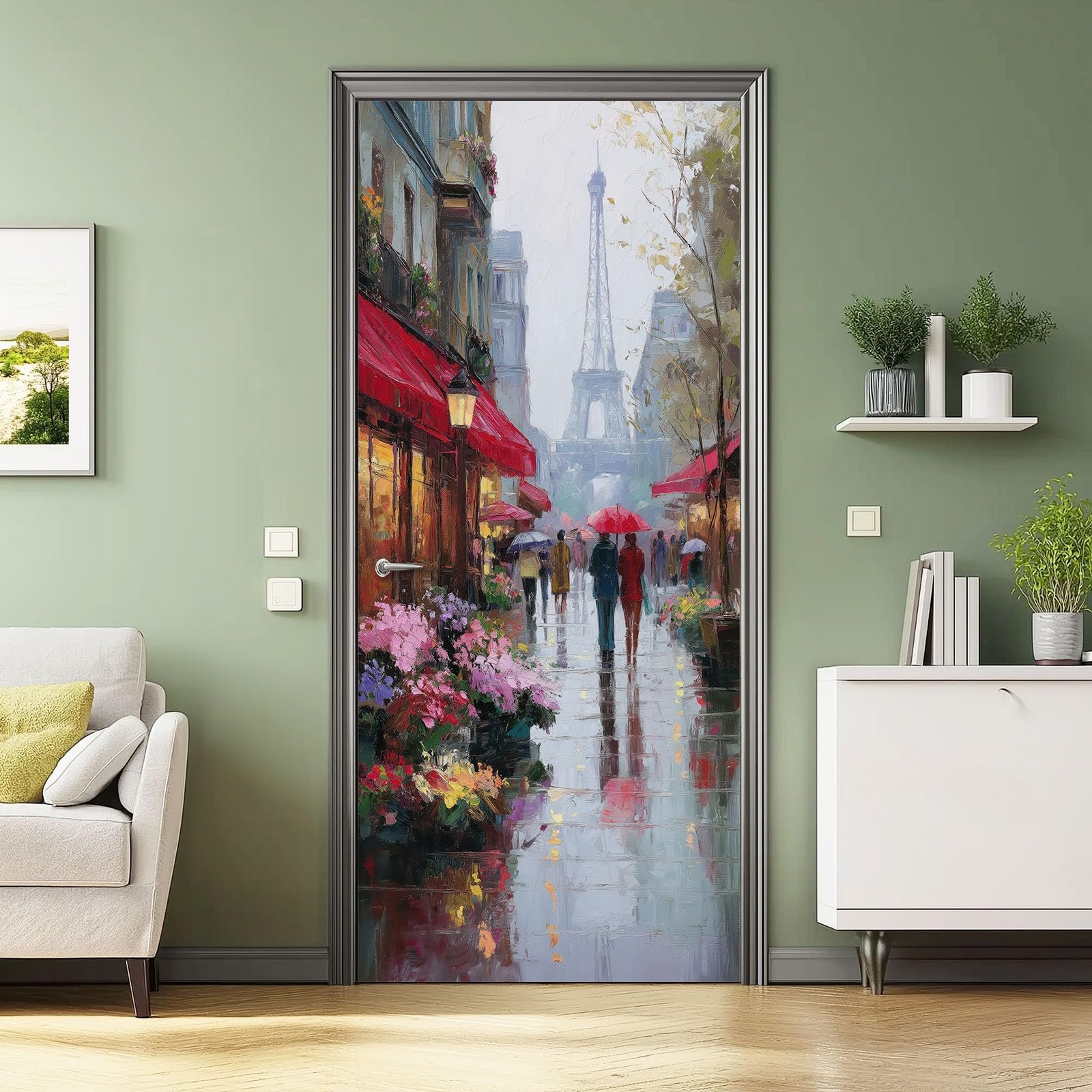Samoprzylepna naklejka na drzwi, 88 x 200 cm, scena uliczna Paryża, Wieża Eiffla, vintage, miasto, usuwalna tapeta winylowa, szara, odklej i przyklej, plakat naklejki na drzwi do sypialni, dekoracja