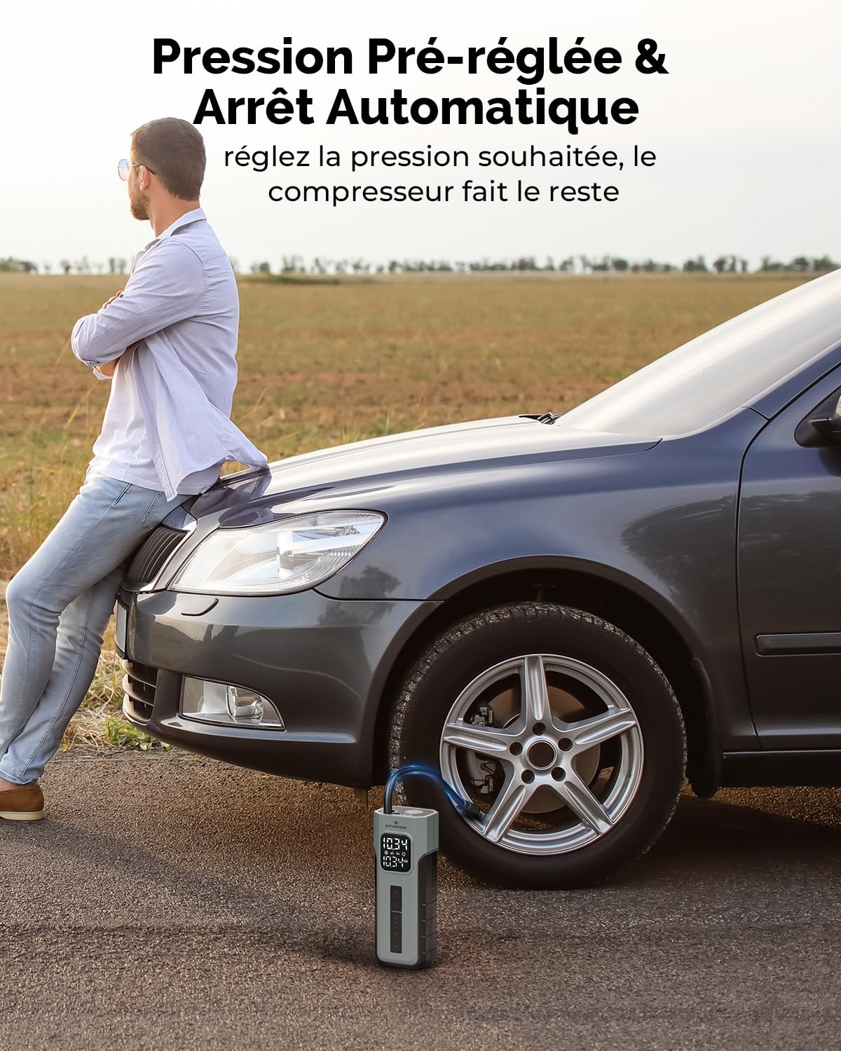 HYVOHEX Gonfleur 4000mAh Pneus Voiture Compresseur à Air Portatif 10,34Bar | Arrêt Automatique - Manomètre Numérique Lampe LED - Charge Pratique - pour Voiture, Moto, Vélo, Ballon
