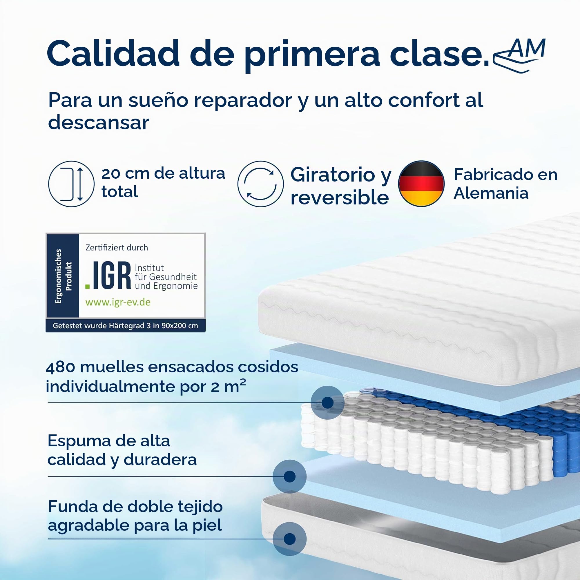 AM Qualitätsmatratzen Colchón muelles ensacados 150x190 cm - firmeza Media & 20 cm - Colchón 150x190 muelles ensacados de 7 Zonas - Colchón 150x190 ergonómico con Funda Lavable - Certificado Oeko Tex