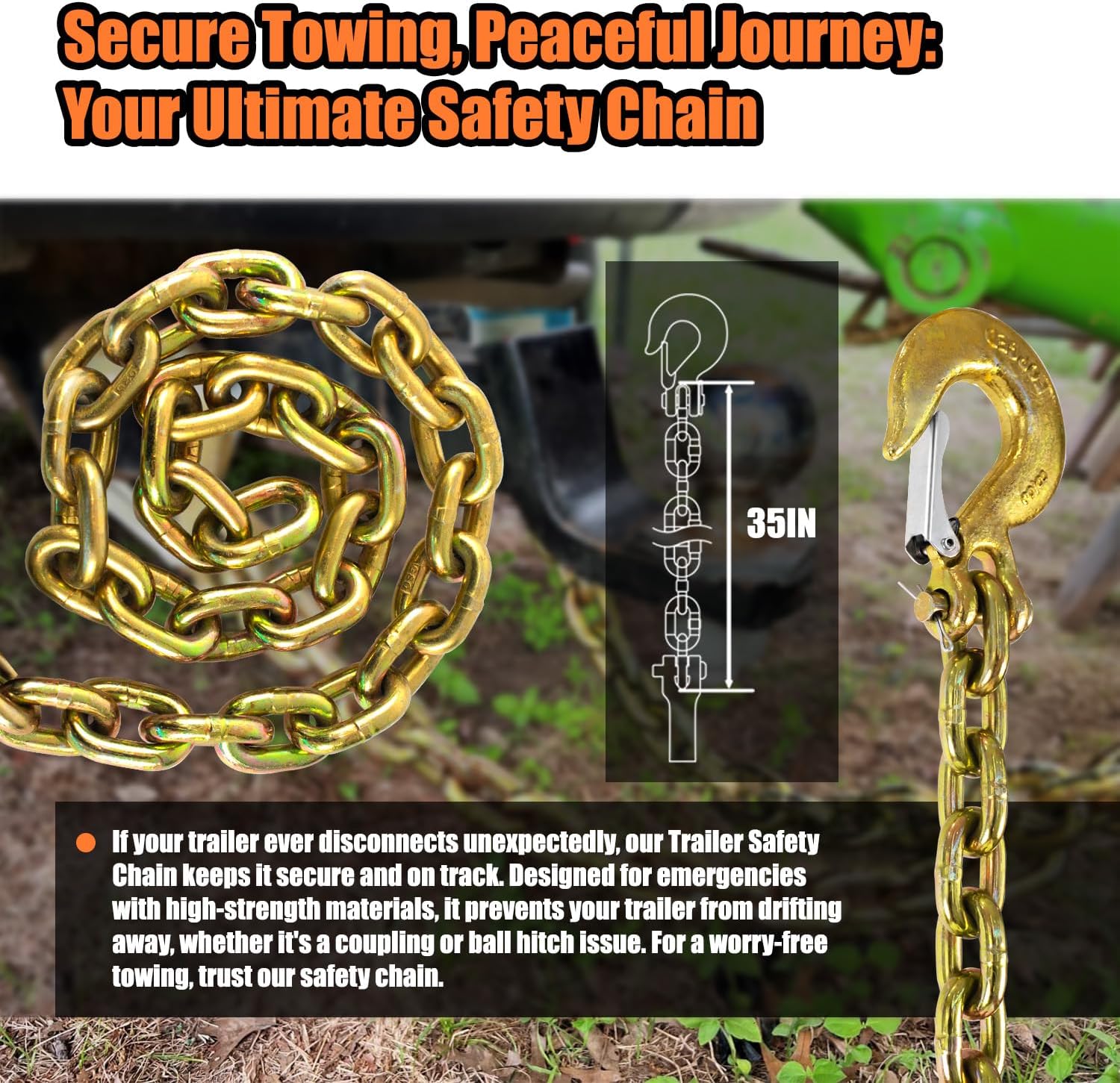 TKK G80 Trailer Safety Chain – 36 Inch Heavy Duty Tow Chain with 3/8'' Clevis Snap Hook – 2-Pack, Break Strength 25,000 lbs|7100 lbs Safety Working Load for Towing