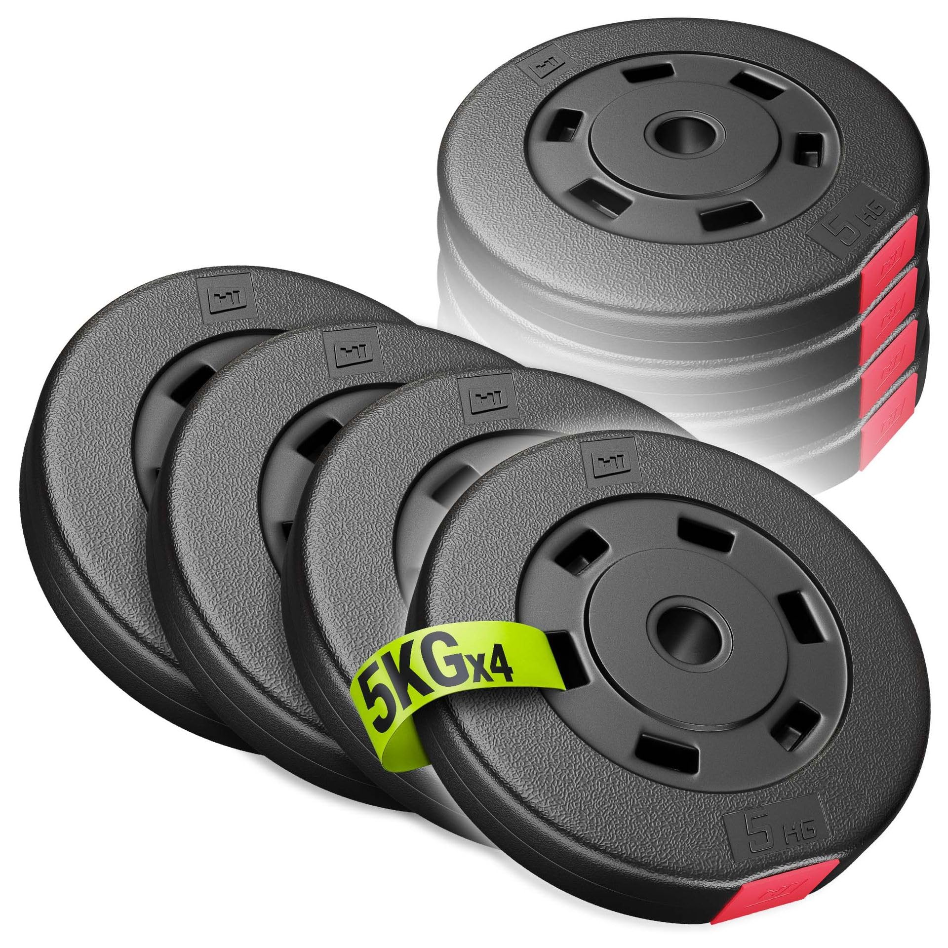 Hop-Sport Hantelscheiben Set 20 kg (4 x 5 kg) | Kunststoff Gewichtsscheiben | Bohrung Ø 30/31 mm | für Langhantel & Kurzhantel | bodenschonend | Krafttraining zuhause