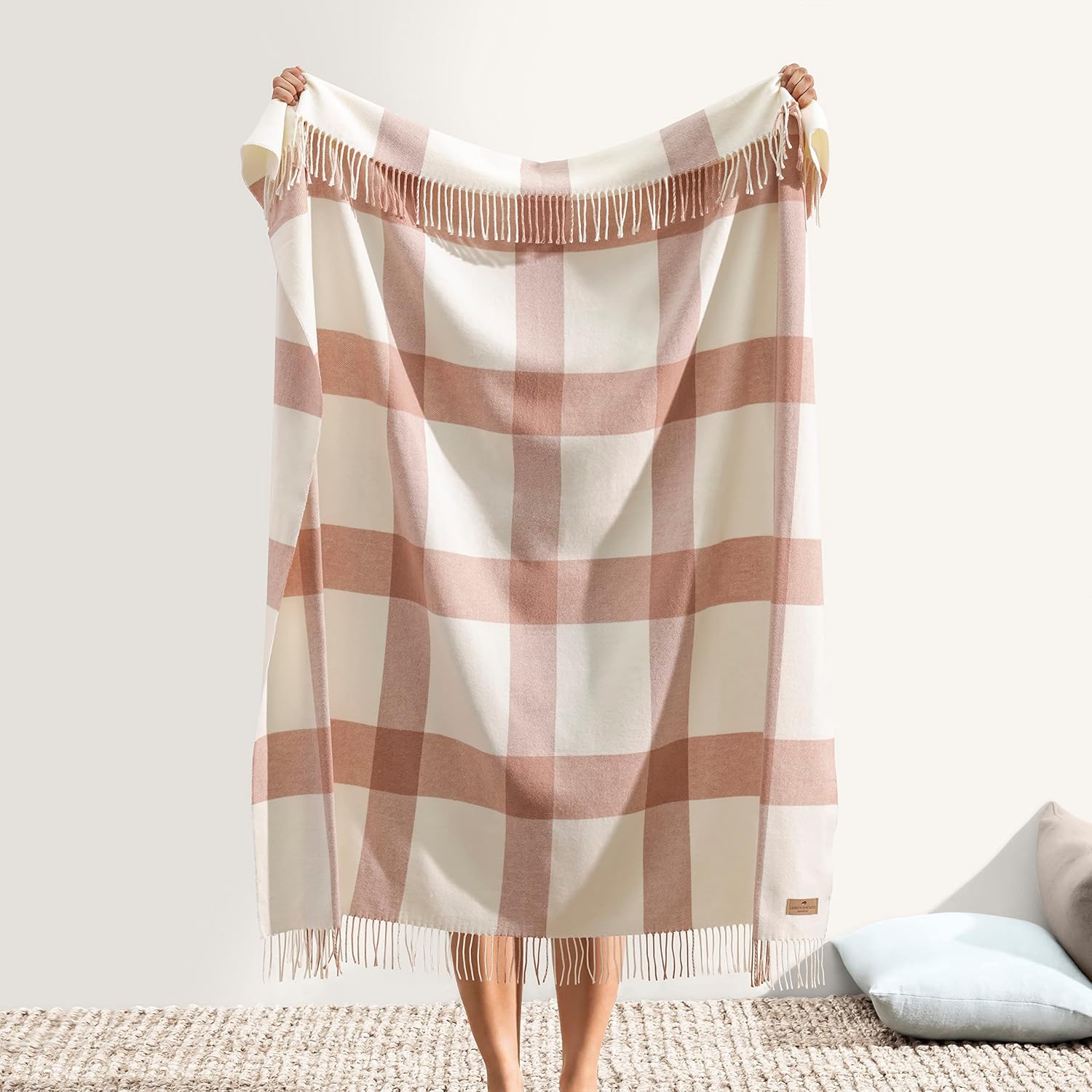 Lands Downunder All-Season, Luxury Rose Quartz Wellington Plaid Throw – Soft Woven Throw with Decorative Fringe – Made in Italy – 51”W x 67”L - Perfect for Gifting