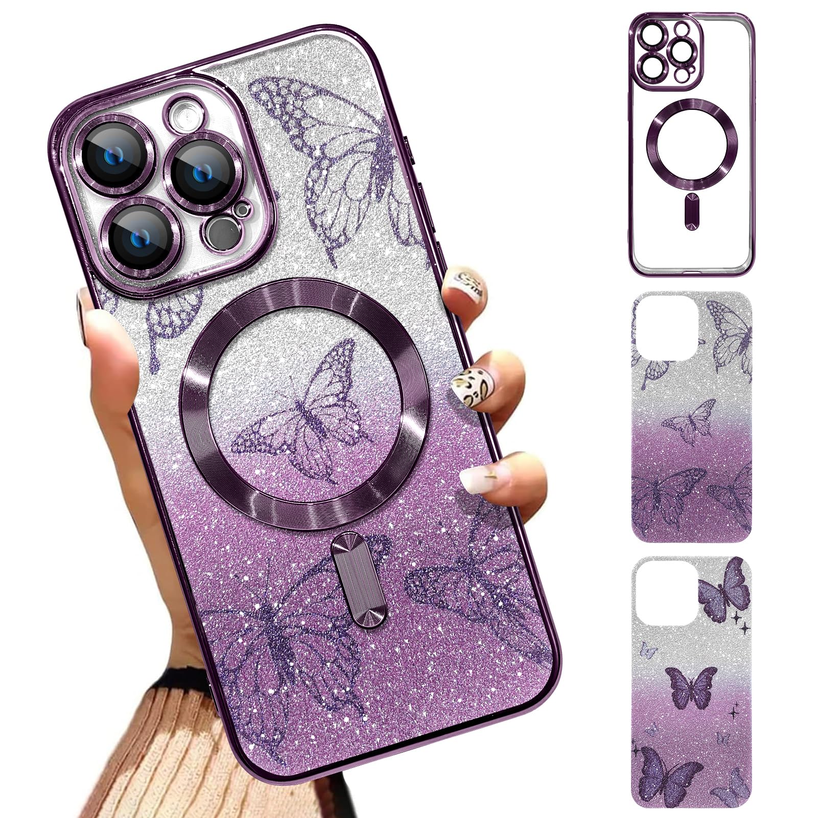 Illians Case Fit for iPhone 16 Pro Max [Compatible with MagSafe] Glitter Bling Case with Camera Protector [2 Pieces of Butterfly Design Insert] Soft