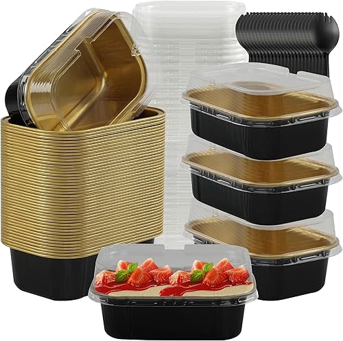 BAKINGPAK Mini moldes para pasteles con tapas, 50 forros para cupcakes de 5.5 onzas con tapas, mini moldes desechables de aluminio para magdalenas,