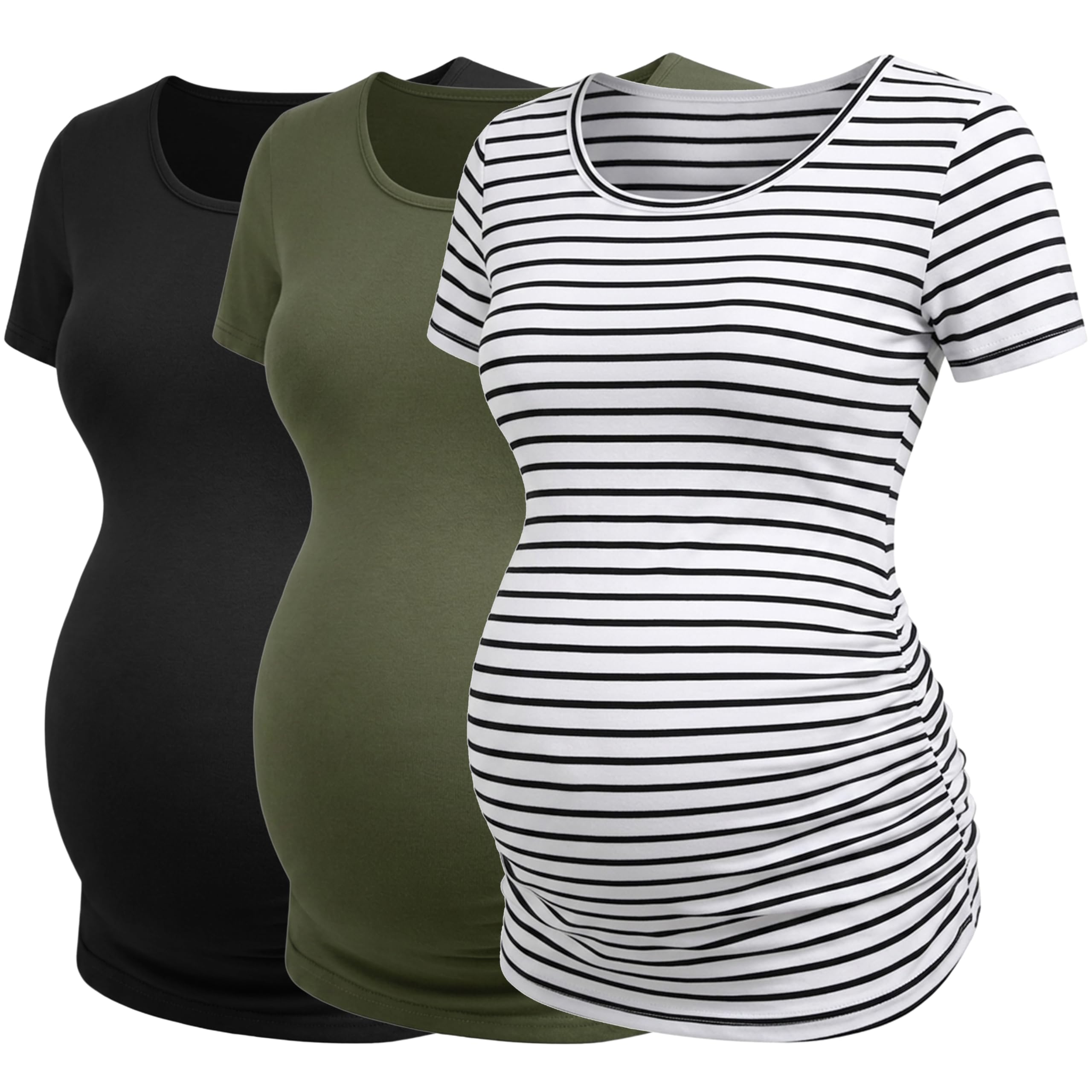 Love2Mi 3er Pack Damen Umstandsshirt Kurzarm Umstandsbluse mit Seitlicher Raffung Umstandsmode Sommer