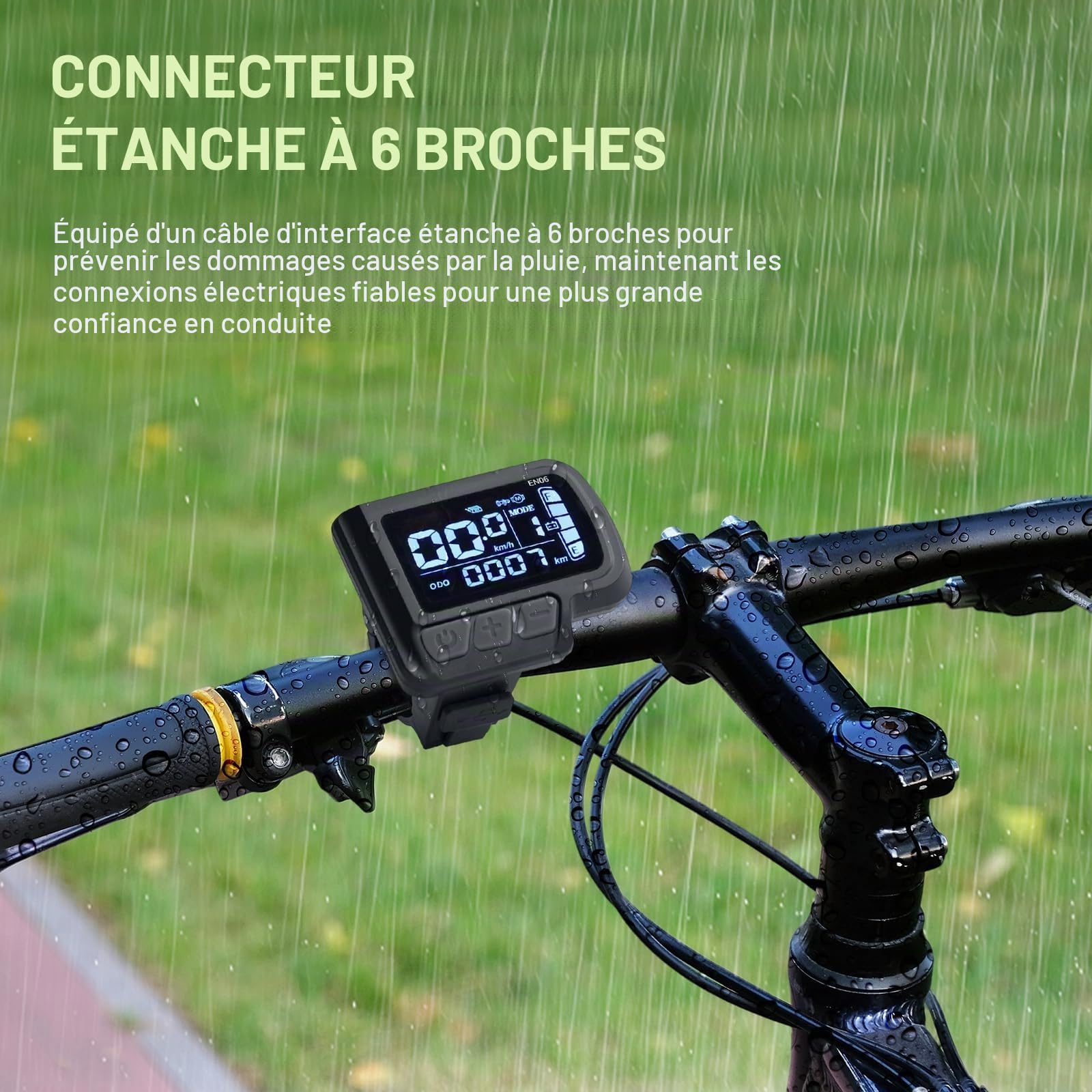 Affichage E-Bike 24V 36V 48V avec écran LCD et câble d'interface à 6 broches pour guidon de vélo électrique Corps ABS de 22,2 mm résistant à la température
