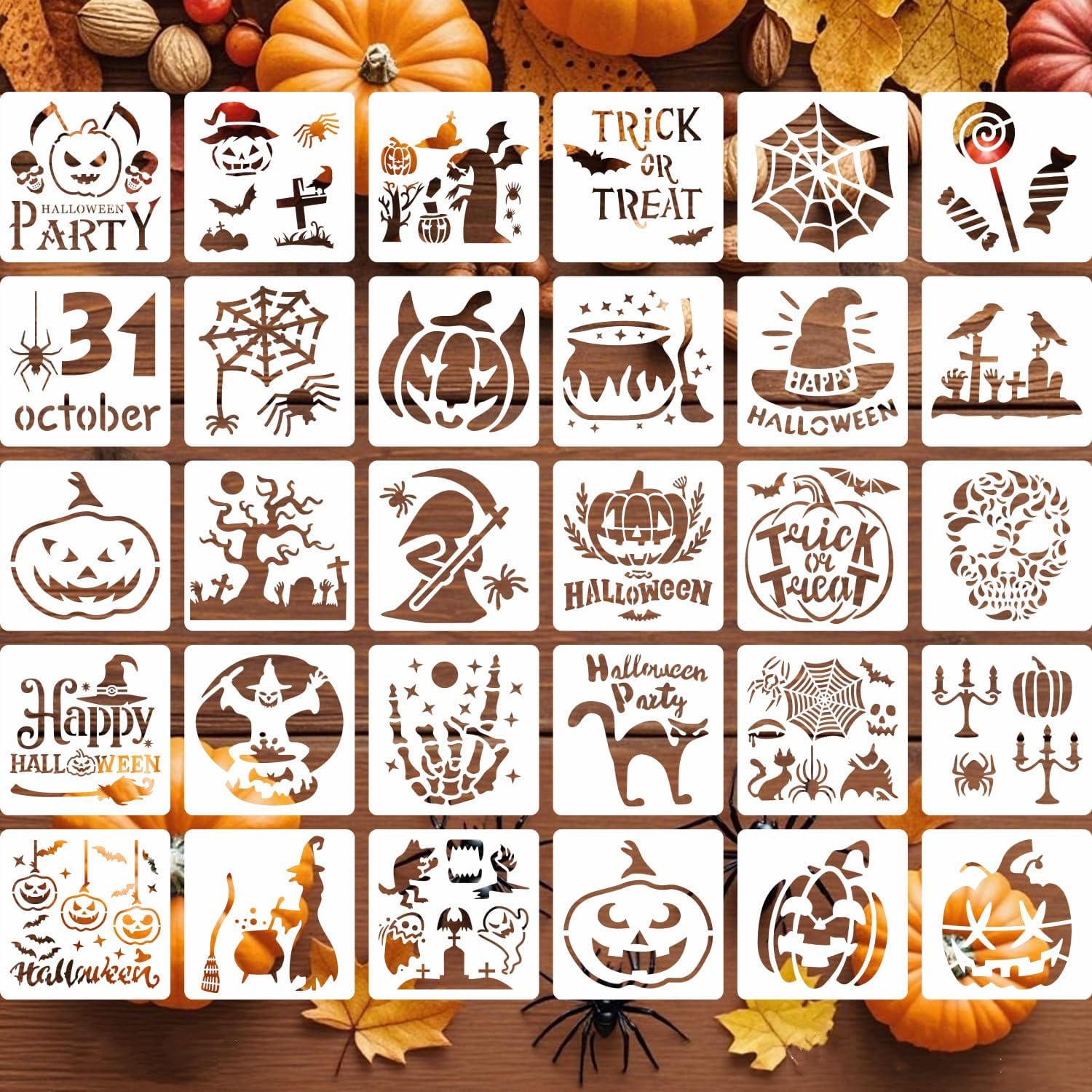 30 Pieces Halloween Stencils 6Inch Reusable and Flushable Plastic Stencils Pumpkin Witch Spider Bat Pattern Templates for Painting on Wood Burning Art