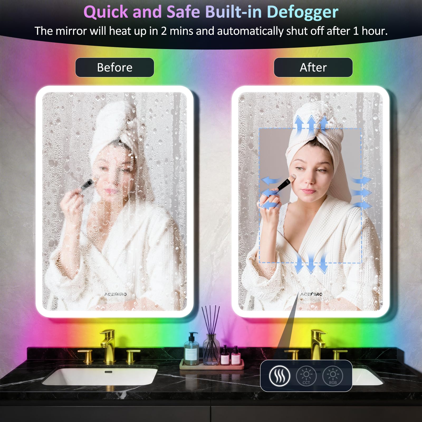 ACEMIRO Botiquín con luces, 20 × 32 pulgadas iluminado botiquín con espejo, botiquín de baño LED con retroiluminación RGB e iluminación frontal, desempañador, atenuación, ajuste CCT, montaje en