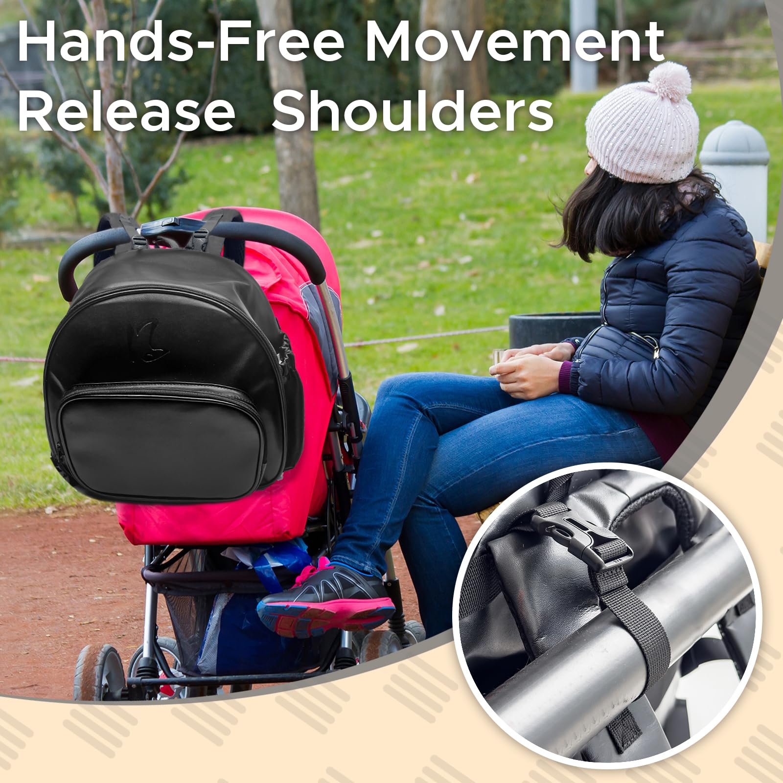 Mochila para pañales, pequeña bolsa de pañales con cambiador, mochilas de bebé para mamá, mini bolsas de maternidad de viaje con bolsillos aislados, correas para cochecito, ligera, de cuero, Negro -,
