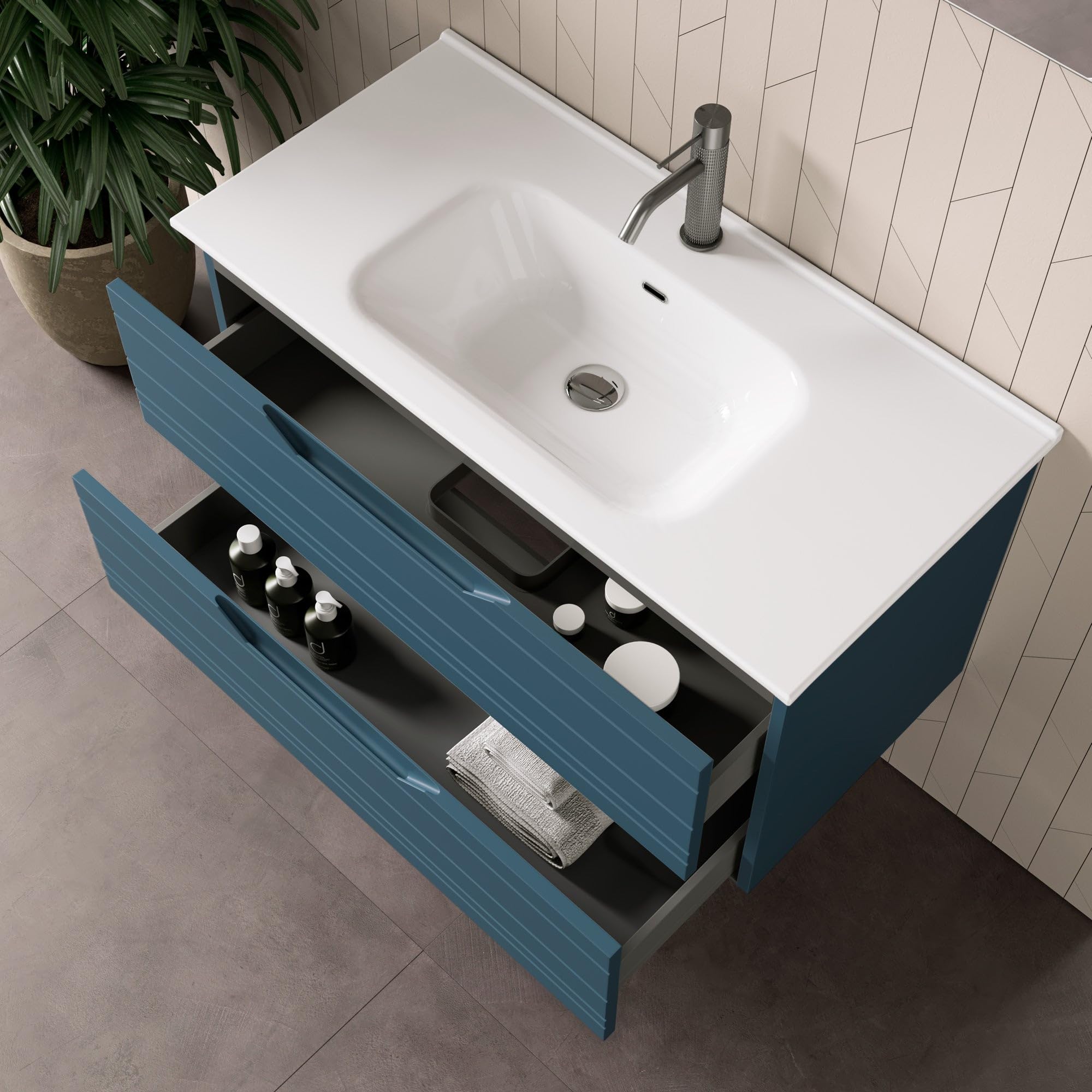 AQA DESIGN accessori casa composizione 4 pezzi bagno, base sospesa con frontali in MDF, finitura blu opaco, nr2 cassetti con scorrimento e chiusura - Blu - 61x46,5x190 cm
