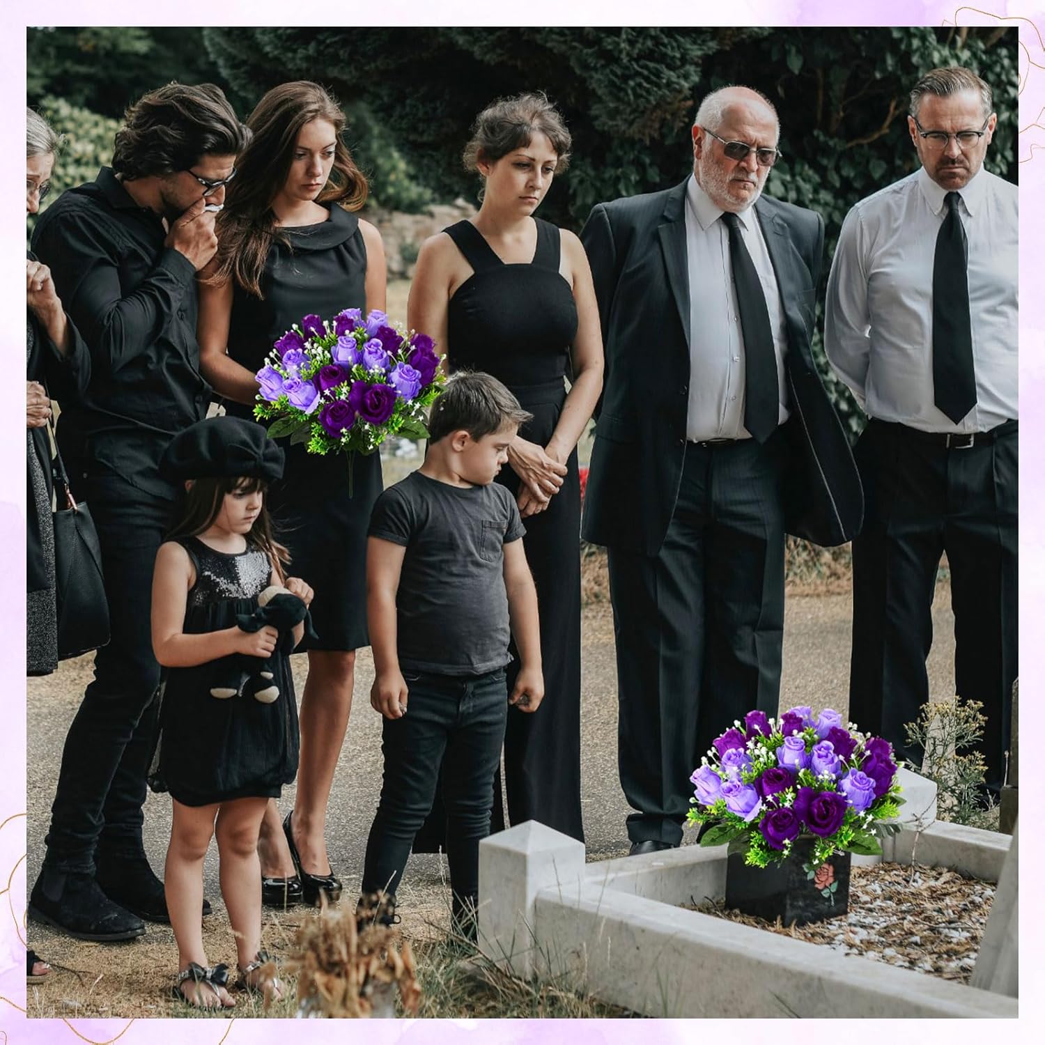 Riceshoot 2 Bouquets Cemetery Flowers for Grave Memorial 18 Heads Artificial Flowers Cemetery Day Silk Grave Faux Roses Arrangements for Valentine's Day Headstones Tombstone Decor(Purple, Dark Purple)