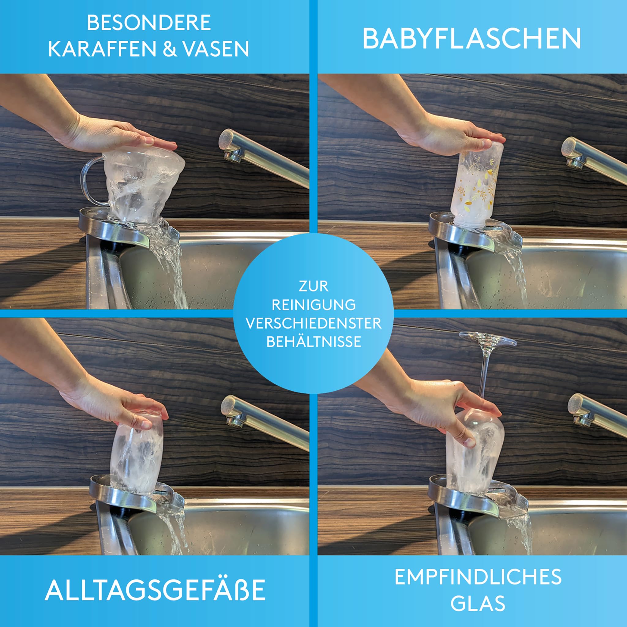 Bächlein Glasreiniger (Matt Schwarz) Glasspüler aus Edelstahl - Gläserdusche inklusive T-Verteiler und Flexschlauch - Automatischer Spüler für die Küche