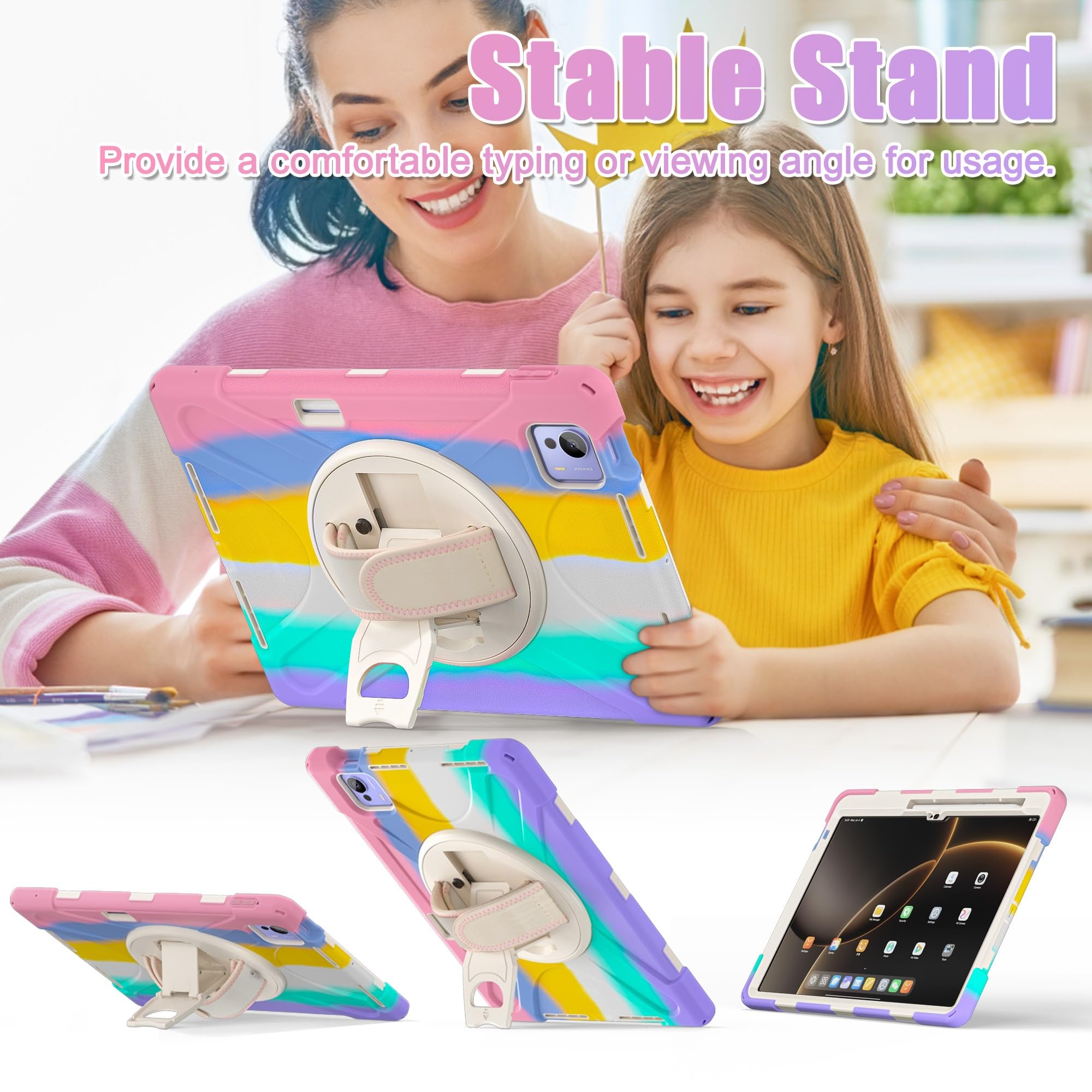 Obudowa do Xiaomi Pad 7 Ultra 14 cali 2025, wytrzymała, odporna na wstrząsy obudowa chroniąca przed upadkiem z paskiem ramię, silikonowa osłona ochronna dla dzieci(Pembe)