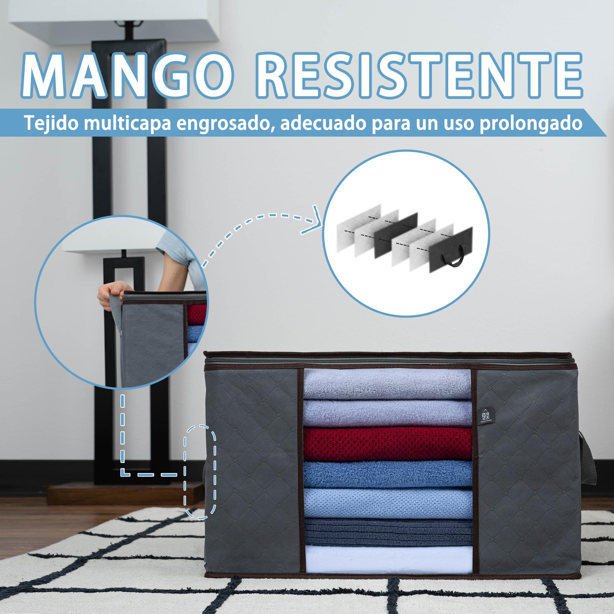 VENO Pack de 3 Bolsas de Almacenaje para Ropa, Bolsas Grandes con Asas y Cremallera para Edredones, Mantas, Ropa, Mudanza. Organizadores de Armarios, Bolsas Transparentes Sostenibles (Gris - 129 L)