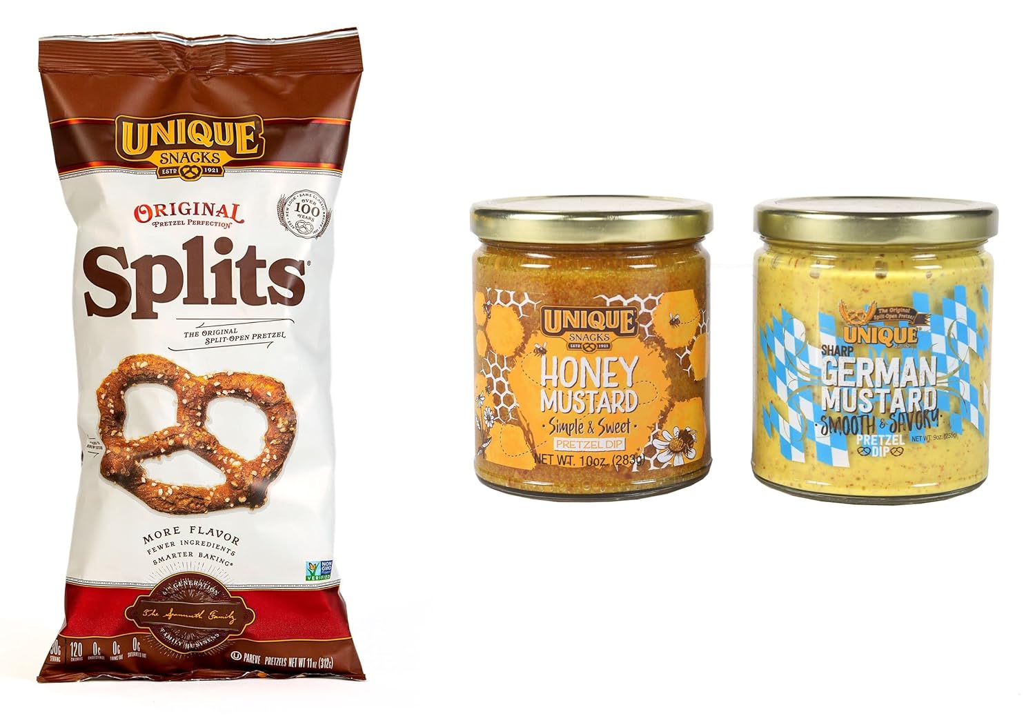 Unique Snacks Bundle Pack, 6 Pack Original Splits, 1 Pack German Mustard and 1 Pack Honey Mustard