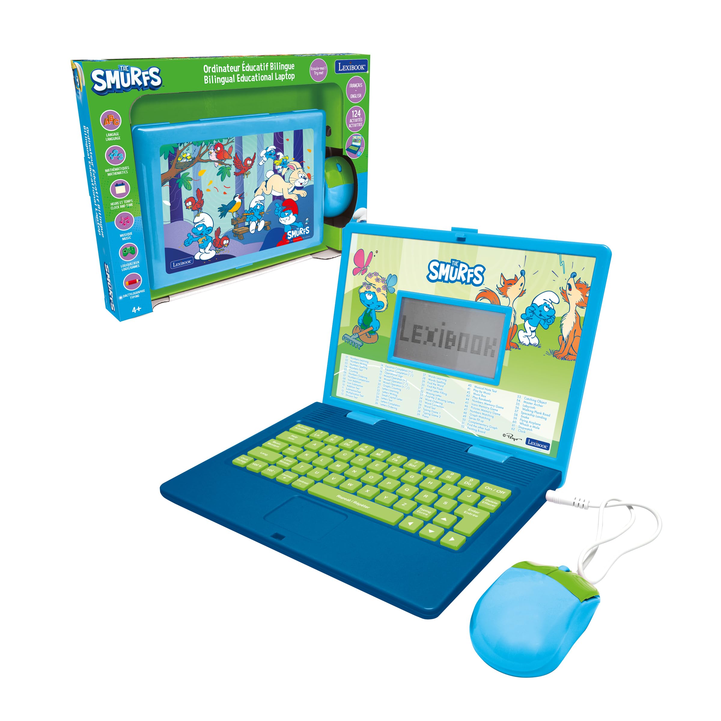 LEXIBOOK, The Smurfs, Bilingual French/English educational computer, Toy for children with 124 language, writing, maths, logic, music activities and games, Blue, JC598SFi1