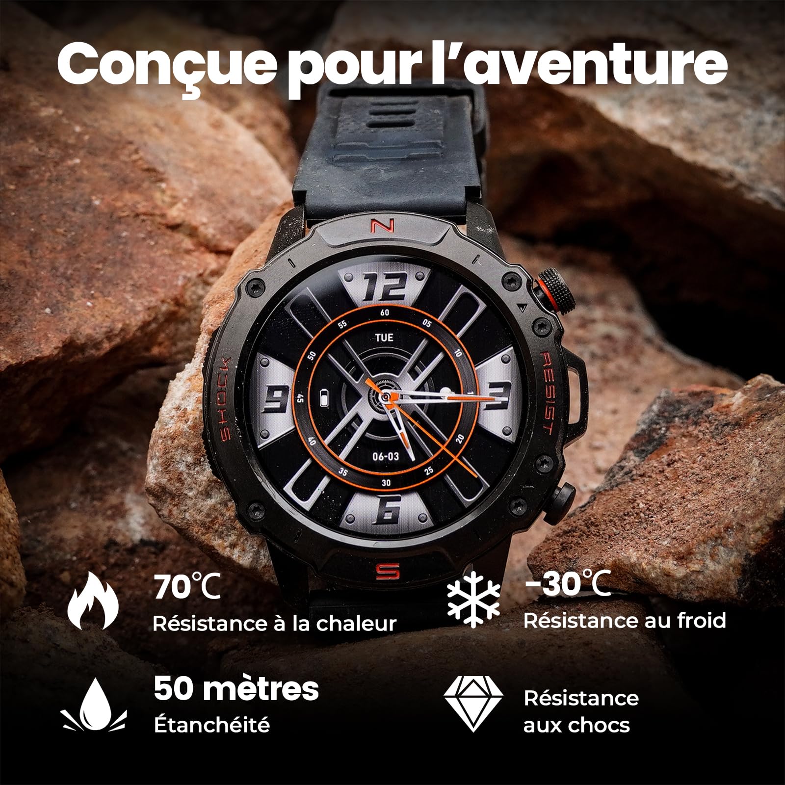 WalkerFit Montre Connectée Homme Outdoor, 1,43'' AMOLED Lisible au Soleil, Étanche 5ATM, Appels Bluetooth, Autonomie 60 Jours, Boussole, 170+ Modes Sport, Smartwatch Android/iOS (Noir)