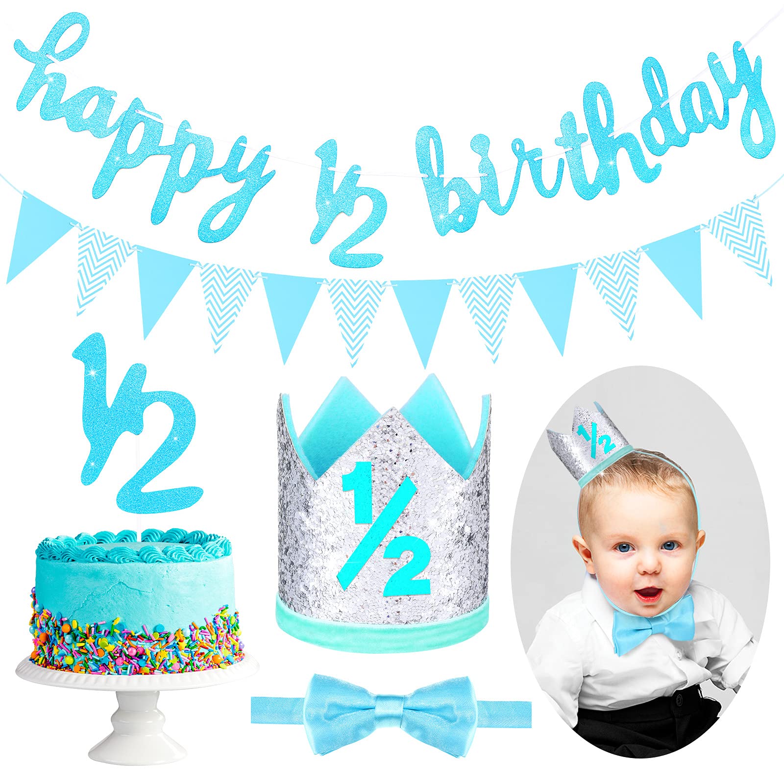 Amazon Com Spakon Glitter Half Birthday 6 Months Happy Birthday Banner Set Happy 1 2 Birthday Baby Boy Girl 1 2 Half Year Cake Topper Triangle Flag Banner 1 2 Birthday Crown Hat Bow Tie Blue