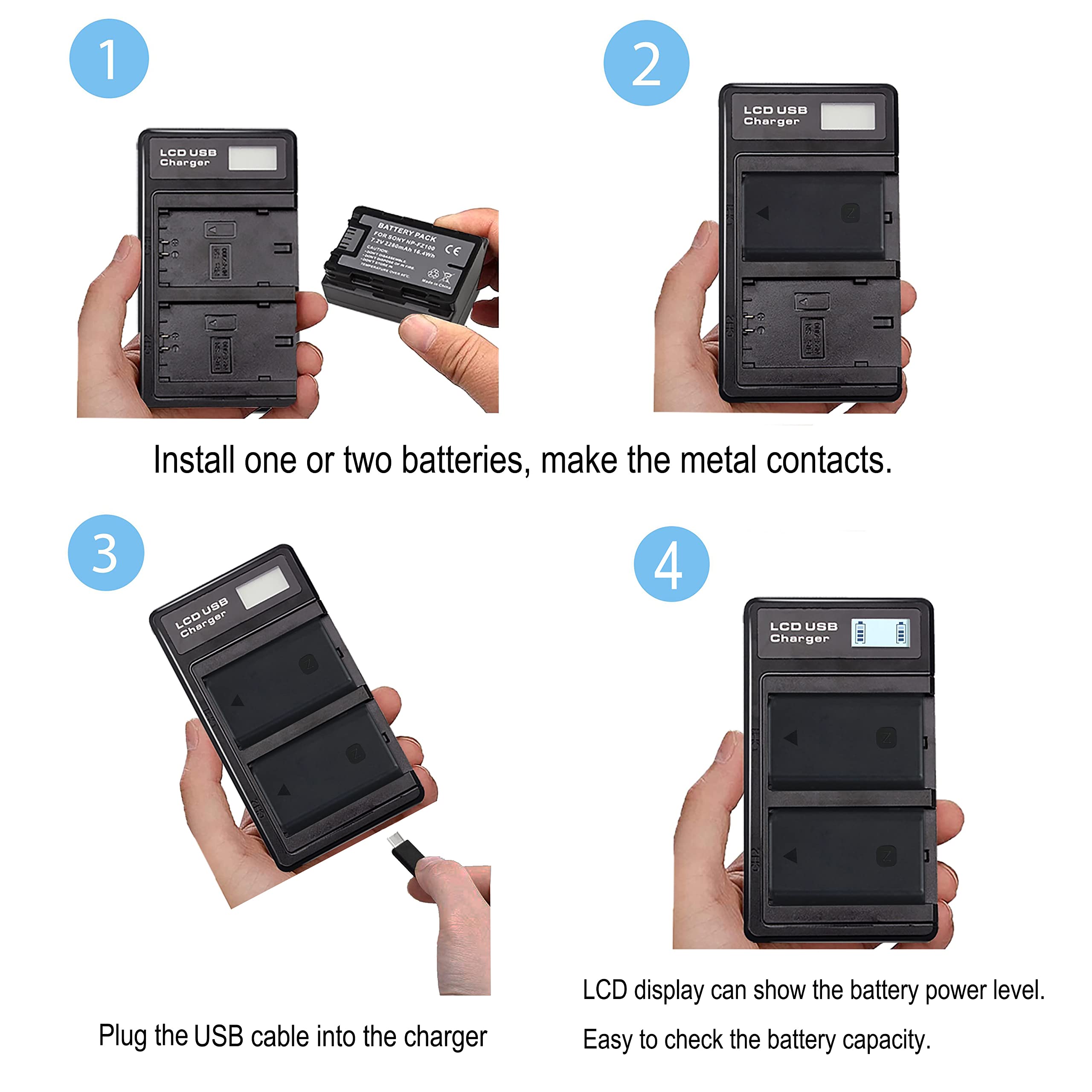 NP-FZ100 Akkus und Smart LED Dual USB Ladegerät für Sony Alpha A7III A7IV A7RIII A7R3 A7R IV A7C A7S,7III 7IV 7RIII 7R3 7R IV 7C 7S α7C, 6700 6600 A6700 A6600 A9 A9R A9S 9 9S 9R Kamera (2 Stück)