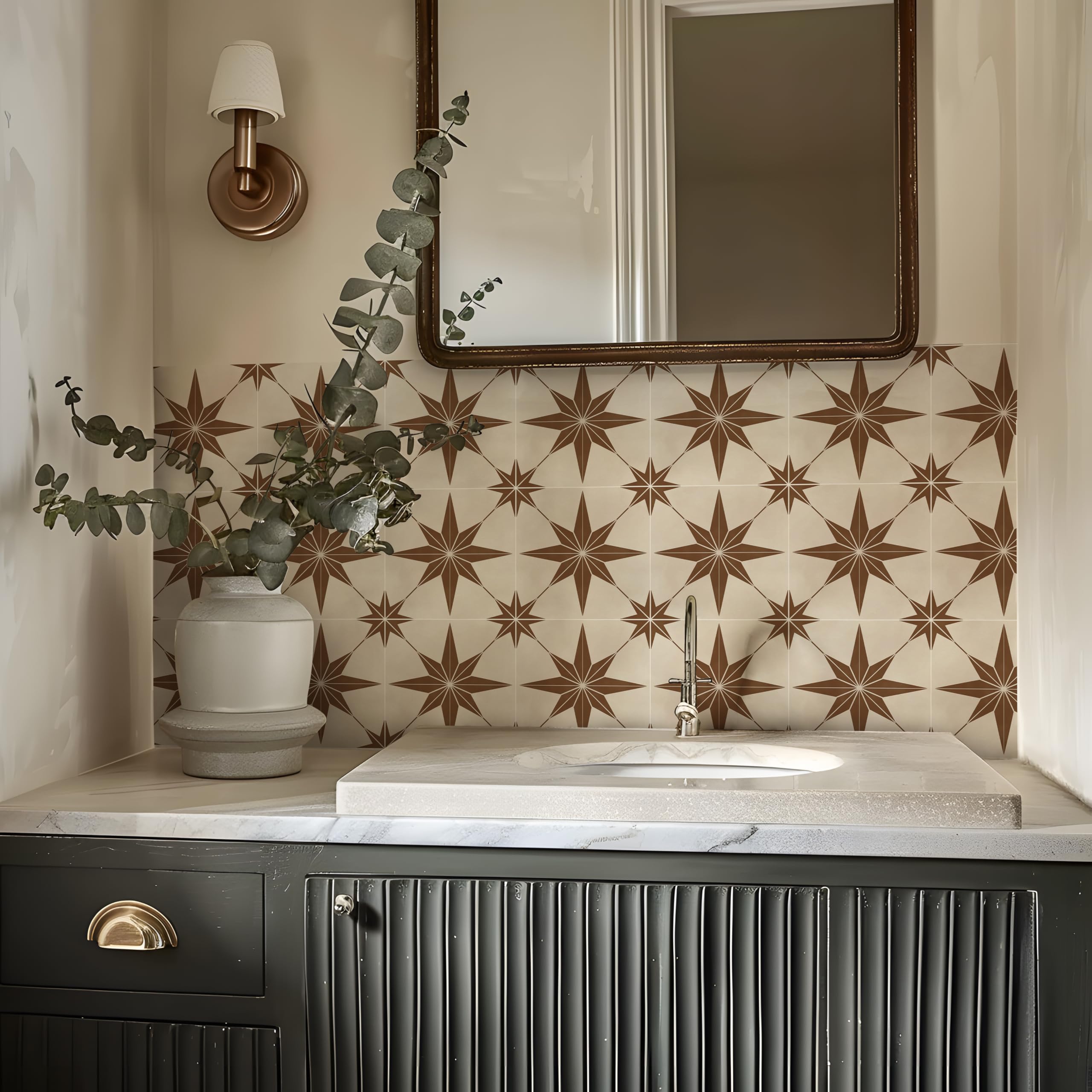 Alwayspon Tile Sticker, 25PcsX20cm/8inch Dark Brown Star Self Adhesive Stick on Tiles Transfer Sticker for Bathroom Kitchen, Splashback, Peel and Stick Vinyl Floor Wall Tiles Sticker — image 1