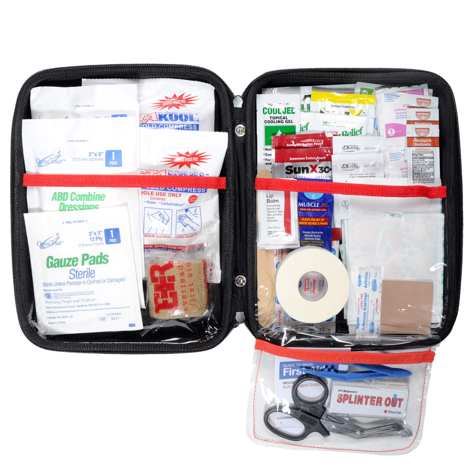 MFASCO Outdoor First Aid Kit, Red Bag, Bug Wipes, Moleskin, Athletic Tape, for Camping, Sports, Family, Packed in EVA Soft Bag with Handle, Won't Crack Like Plastic, Compact Size - 100 pcs 10