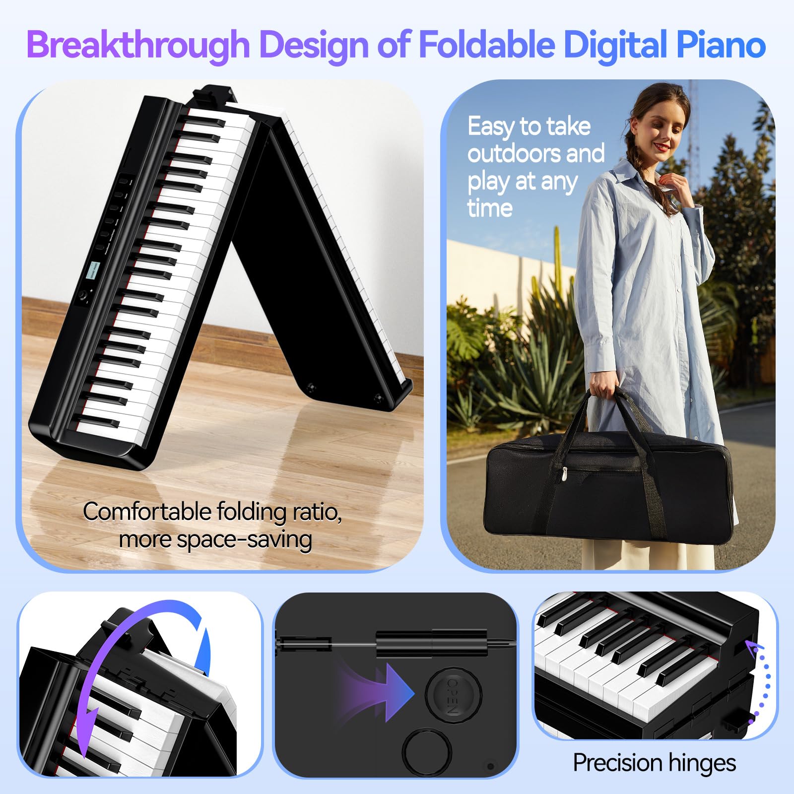 TERENCE pianoforte digitale 88 tasti pesati pieghevole con batteria da 2000 mAh supporto audio Bluetooth MIDI USB con altoparlante da 2 x 25W supporto per leggio