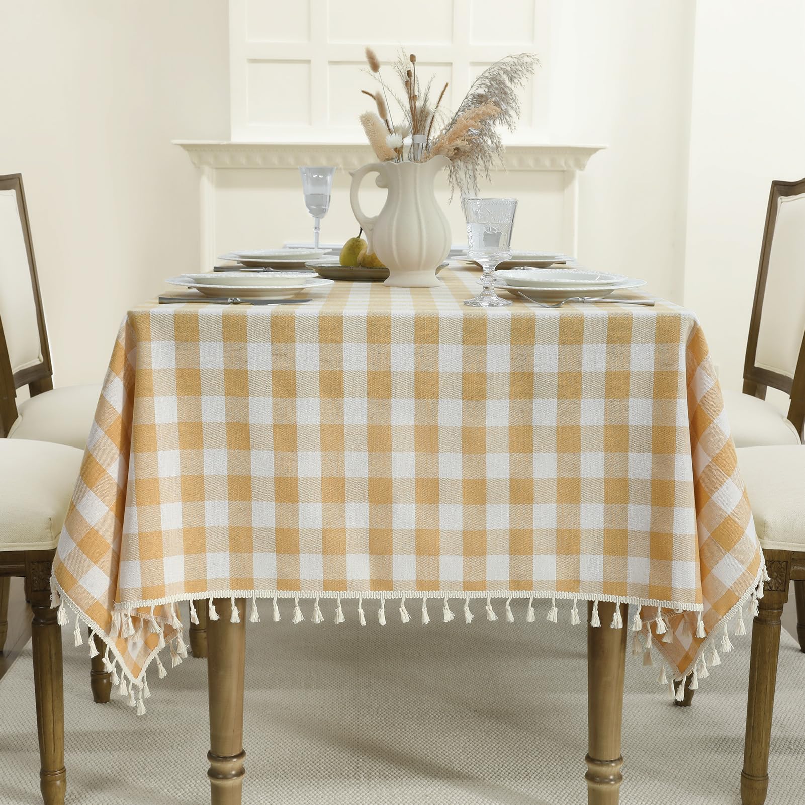 Photo 1 of Romanstile Gingham Tassel Tablecloth Rectangle - 55 x 70 Inch, Yellow