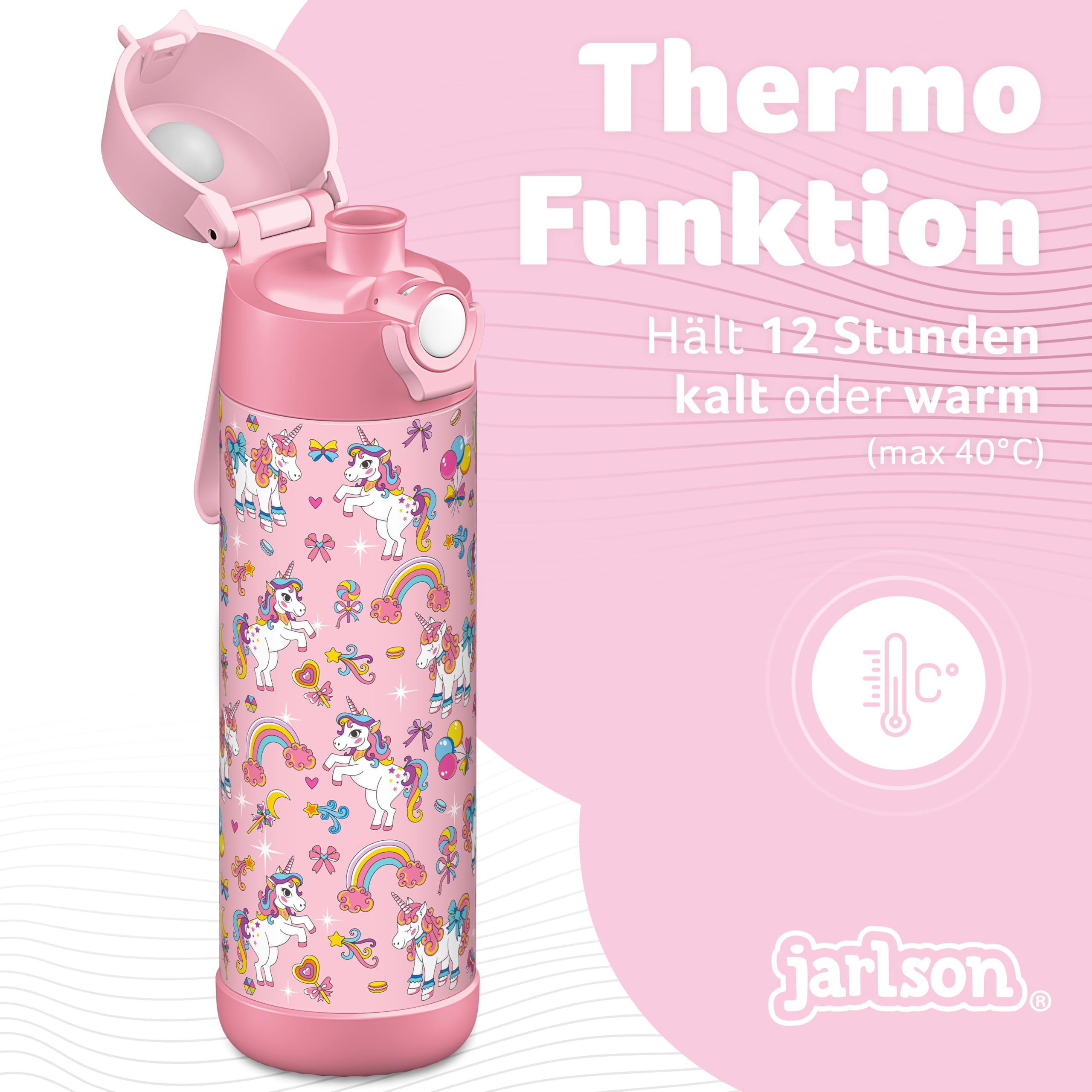 Jarlson® Trinkflasche Kinder Edelstahl MALI [THERMOSFLASCHE] - Kindertrinkflasche Auslaufsicher - Thermoskanne Kohlensäure geeignet - Thermo Trink Flasche für Schule & Kindergarten (500ml, Einhorn)