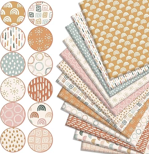 Miniatura 3 de Whaline Paquete de 12 piezas de tela de algodón bohemio, gotas de sol, gotas de sol, cuartos de grasa para coser artesanías hechas a mano, 18 x 22