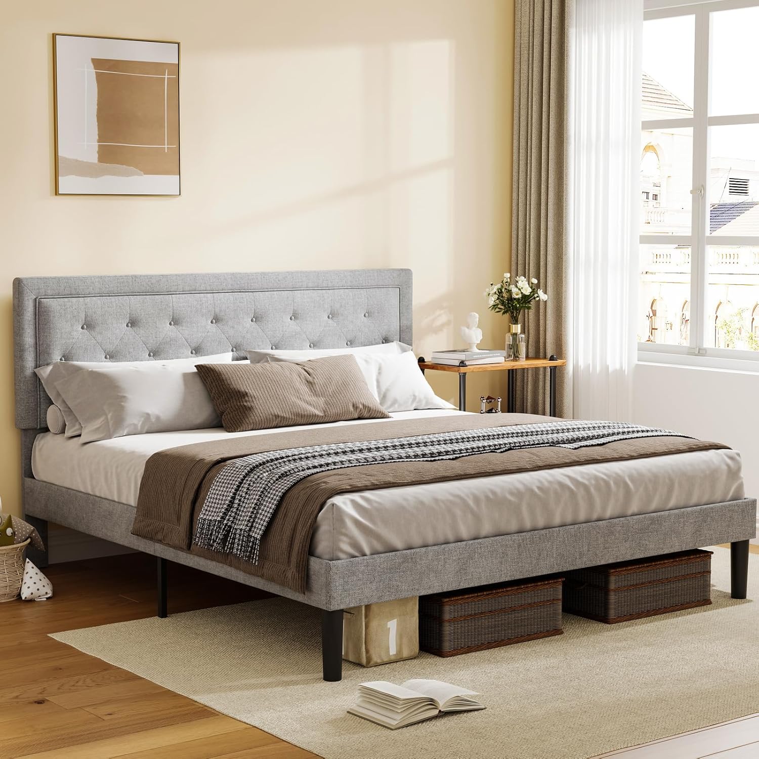 Amazon.com: AUTIGERSAFE Queen Size Platform Bed Frame with Upholstered ...