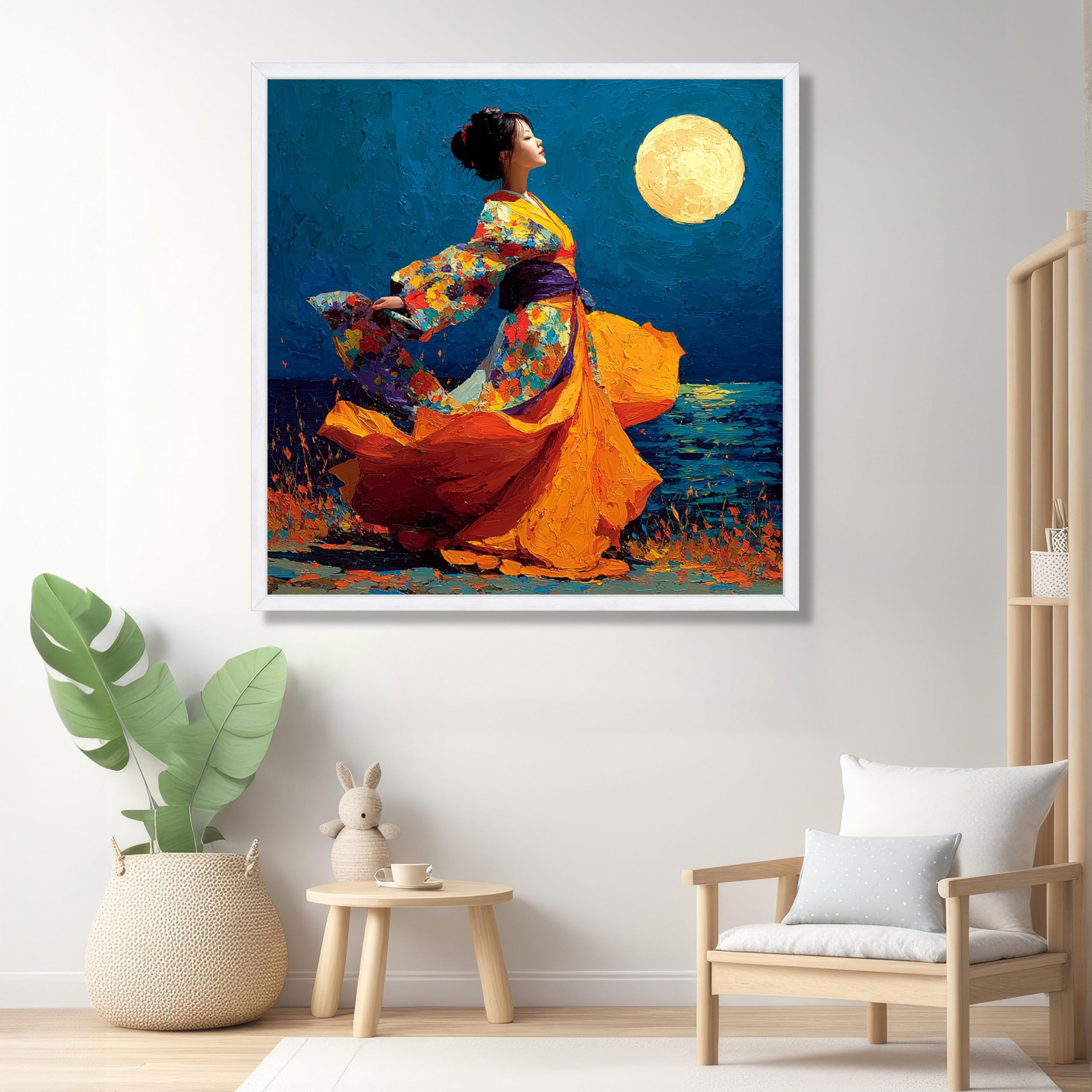 TONGYINLI Kimono podczas pełni księżyca na płótnie obraz na płótnie tradycyjne japońskie plakaty obraz kobiety w kwiecistej tunice (30 x 30 cm / rama wewnętrzna)