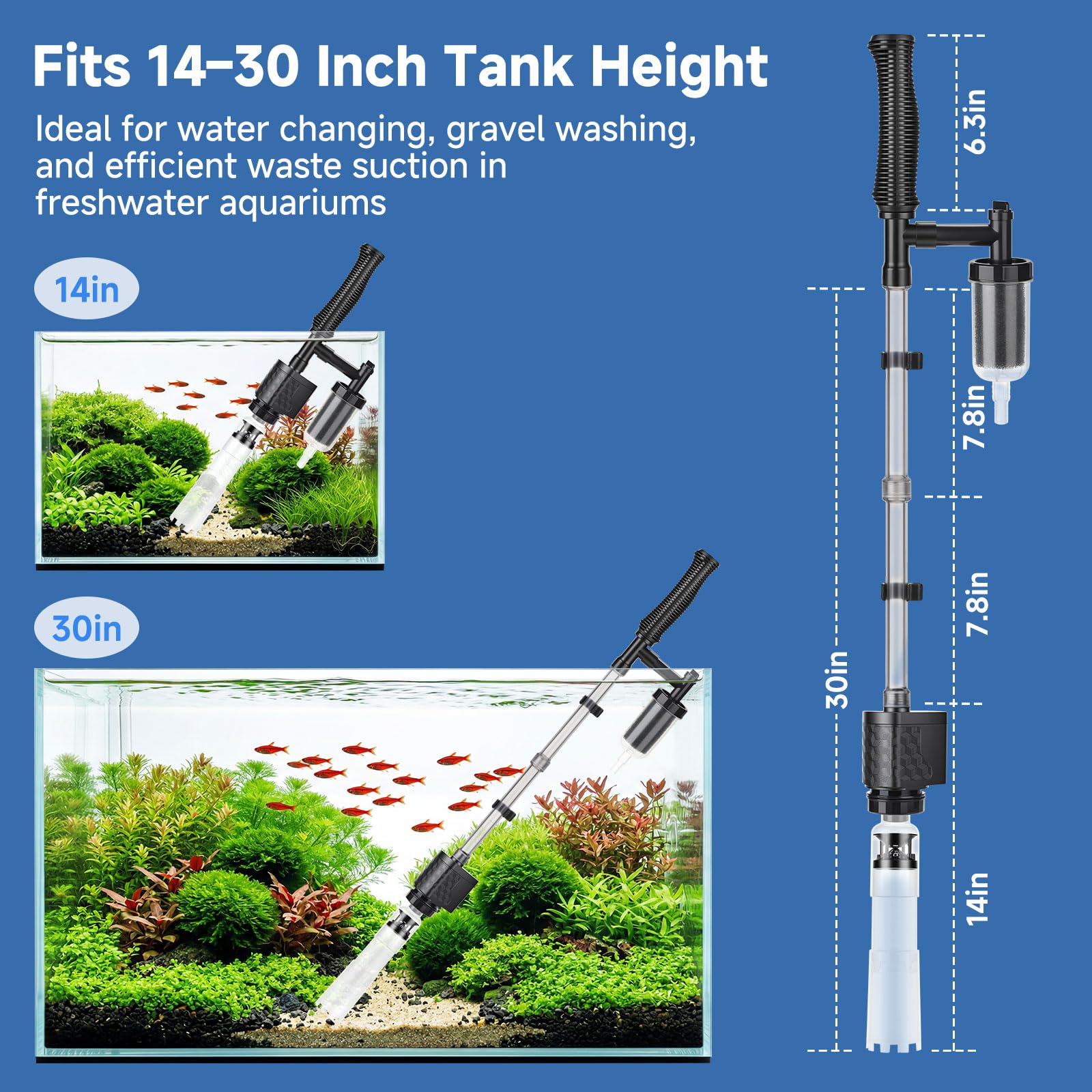 AQQA Limpiador de peceras, 1200 l/h, limpiador eléctrico ajustable de grava, limpiador de arena de 16 W con bolsa de filtro para cambio de agua, lavado de arena y filtración