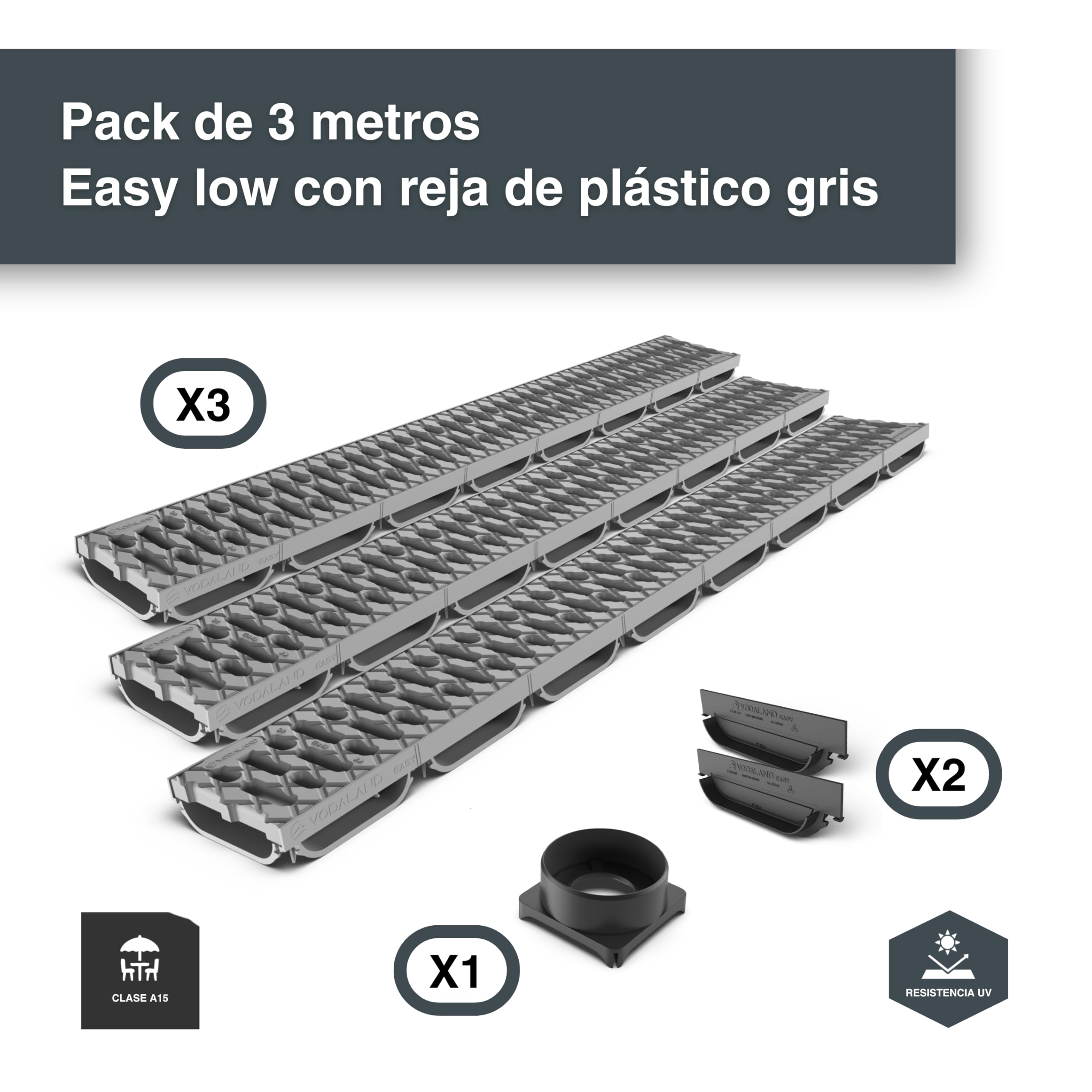 VODALAND EASY LOW – Canaleta de Drenaje con Rejilla de Plástico Gris | Perfil Bajo 40 mm | Clase A15 (hasta 1.500 kg) | Drenaje Discreto en Terrazas, Patios y Espacios Exteriores - Kit de 3 metros