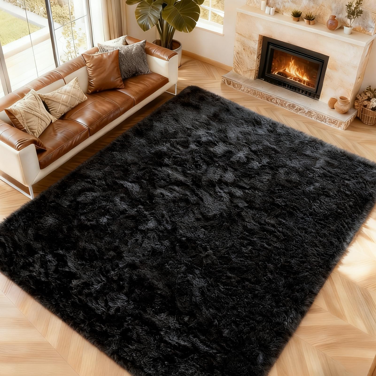 CHOSHOME Fluffy Shaggy Rugs Living Room - Non Slip Soft Plush Modern Floor Carpet - Non Shedding Thick Pile Area Rug for Bedroom, Nursery, Lounge, Dining Room - Black, 120x180 cm