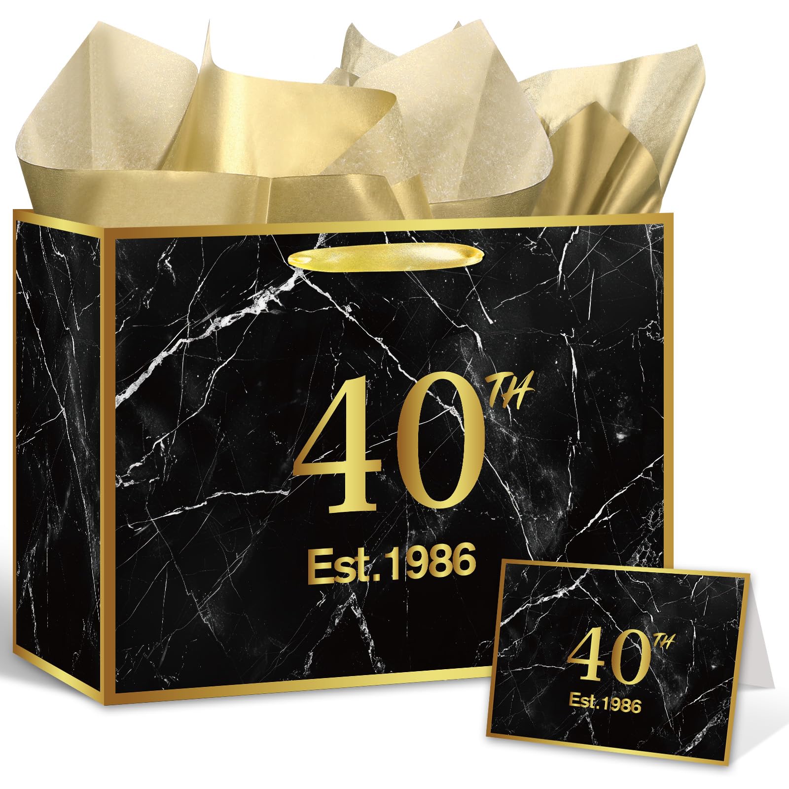 12'' Large 40th Birthday Gift Bag Black Gold Marble Est 1986 Present Wrapping Kit with Tissue Paper and Card 40 Year Old Bday Party Favours for Men Women Mum Dad Husband Wife
