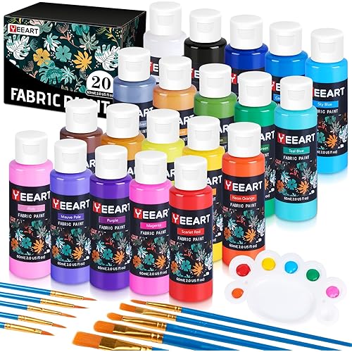 Fabric Paint, Yeeart 20 Colors Permanent Soft Fabric Paint Set for Clothes in Bottles (60ml/2oz) with 10 Brushes, Palette, Non-Toxic Textile Paint Art Supplies for Clothes, Canvas, T-Shirts, Jeans, Bags & Art Crafts