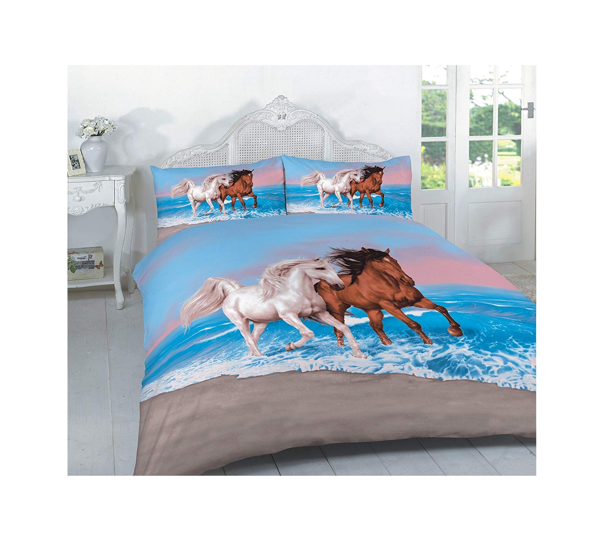Excellent Hotel Quality King Printed Blue Horses Design Duvet Cover Set Bedding Set with Pillowcases - King Size