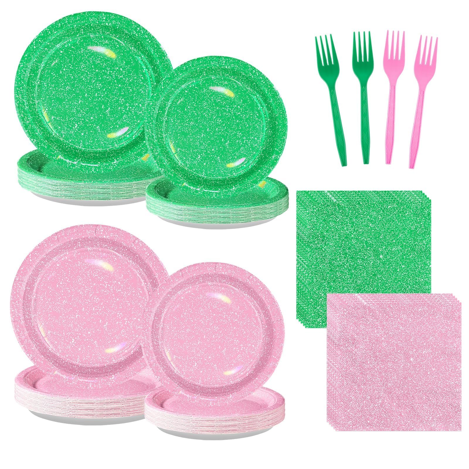 Greencian 96Pcs Pink and Green Witch Party Decoration, Serve 24