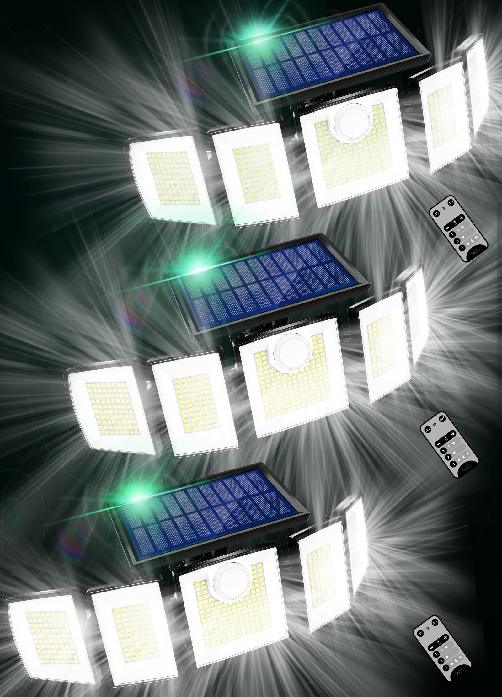 Luci solari per esterni, sensore di movimento, impermeabile, 416 LED, 3000 lumen, super luminose, 3 luminosità, 3 modalità, 2400 mAh, 360°, illuminazione solare di sicurezza per inondazione, 9,8 m