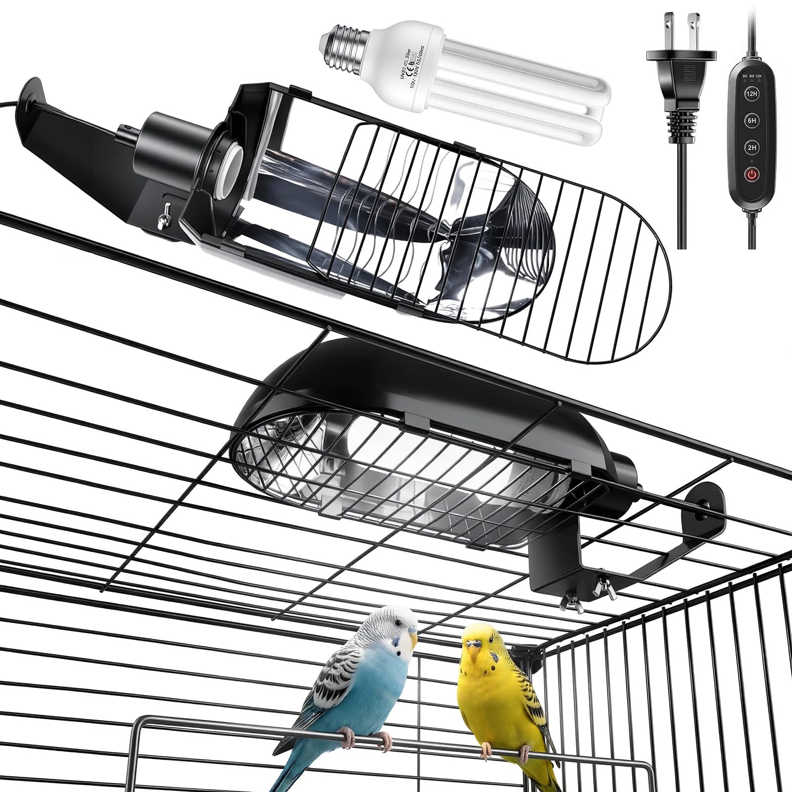 Bird Cage Light Fixture Combo Kit with Adjustable Timer,Lamp Hood with 2.4% UVB UVA 20W Compact Fluorescent Bulb for All Kinds Captive Birds Reptiles