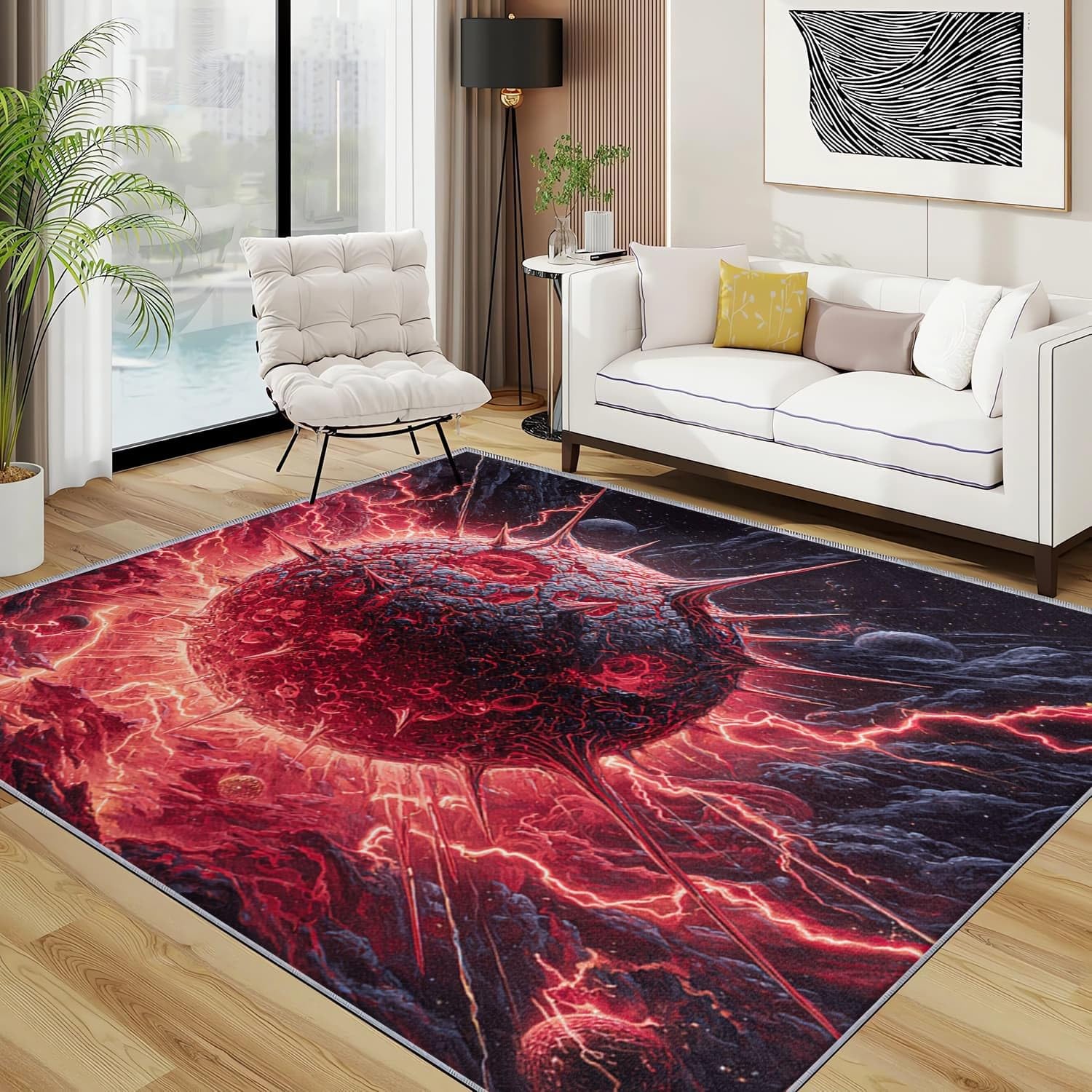 Weich und Angenehm Teppich für Wohnzimmer Horror Sci Fi Muster rutschfest Maschinenwaschbar Pflegeleicht Rot Für Schlafzimmer Kurzflor Teppich Kinderzimmer 140x200 cm