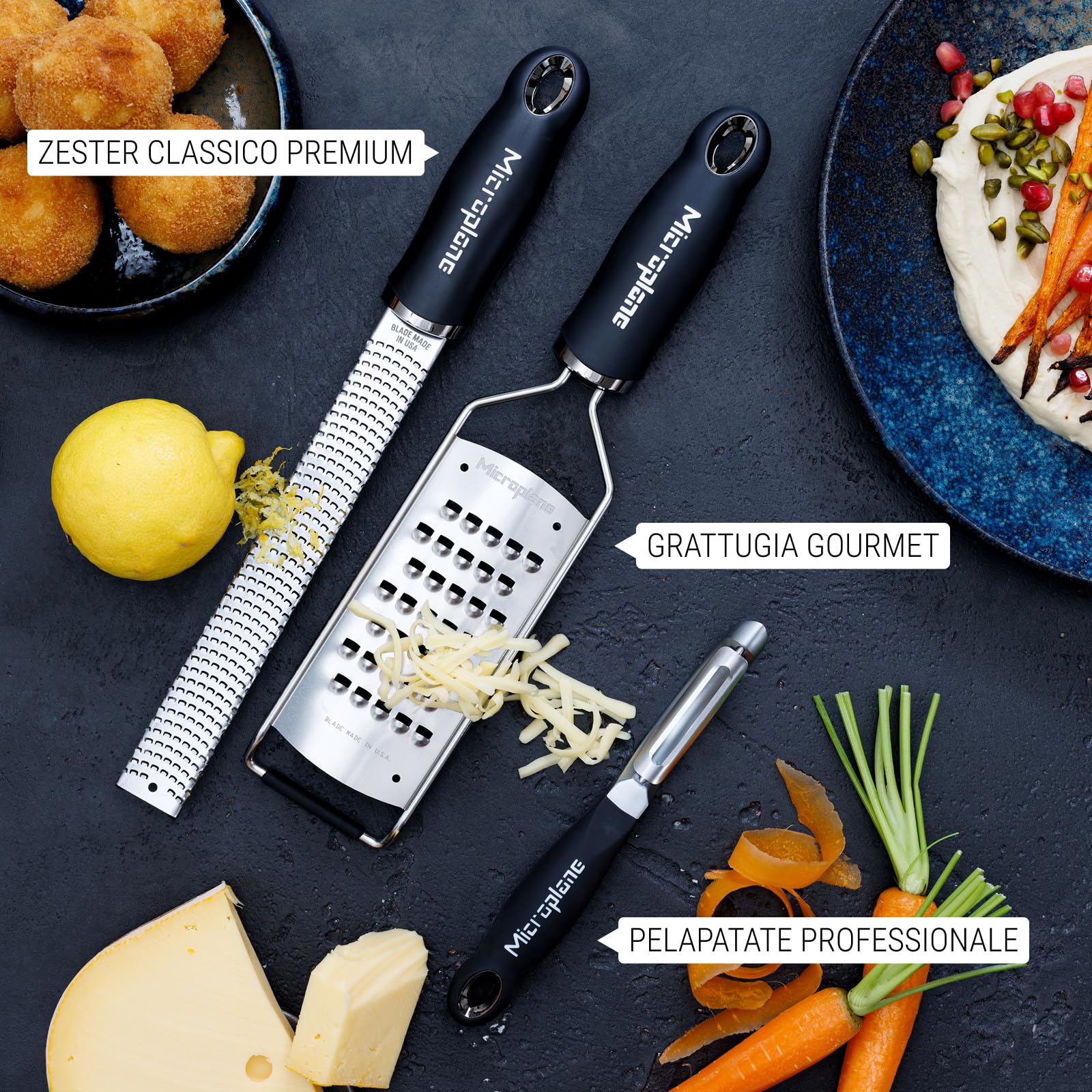 Set regalo Microplane Gourmet 3 pezzi - zester Premium Classic, grattugia ultra-spessa e pelapatate professionale - lame ultra-affilate (USA), manici soft-touch - utensili da cucina ergonomici