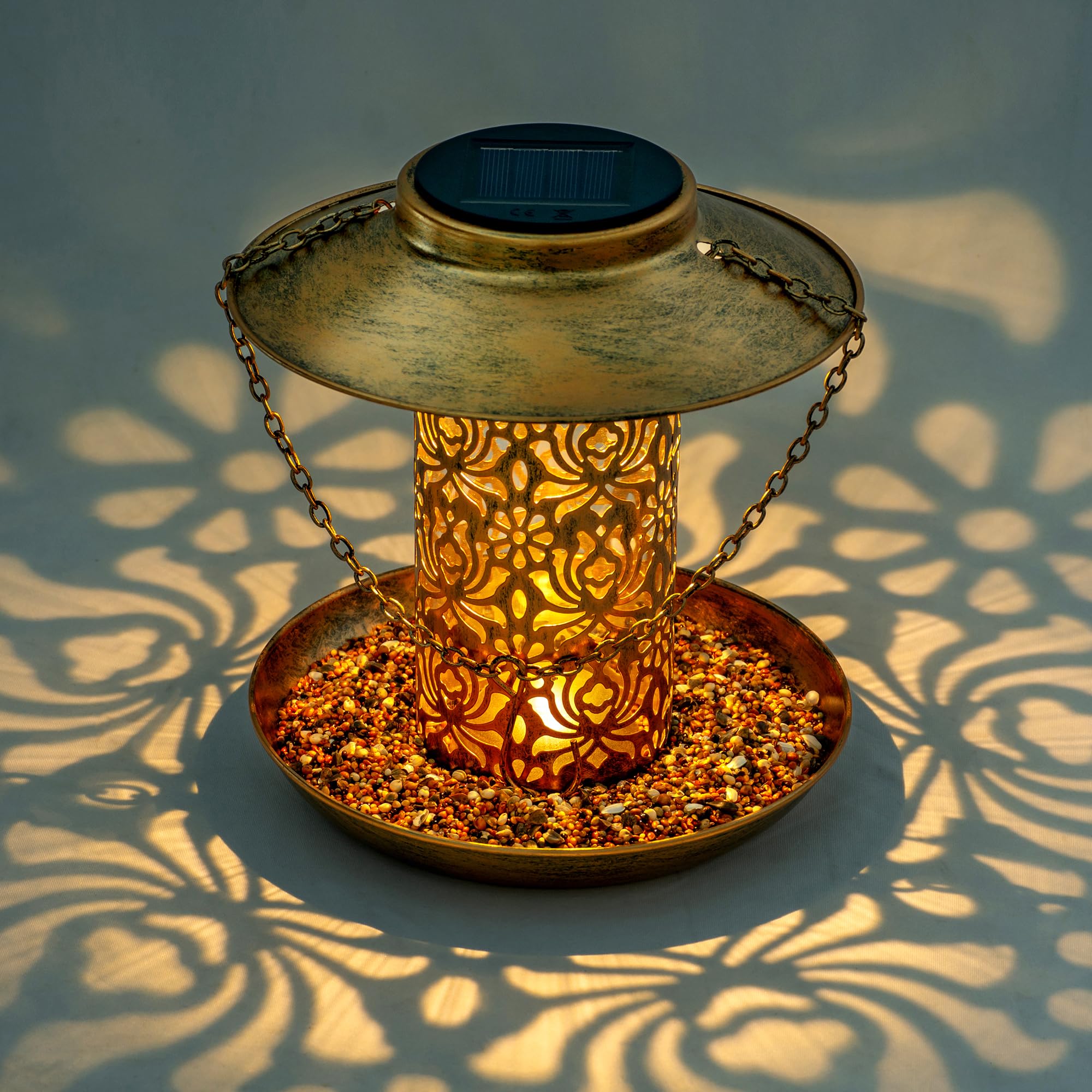 Ottsuls Mangiatoia solare per uccelli da appendere all'aperto, lanterna da giardino in metallo con gancio a S, resistente alle intemperie e all'acqua, idea regalo per gli amanti degli uccelli (bronzo)