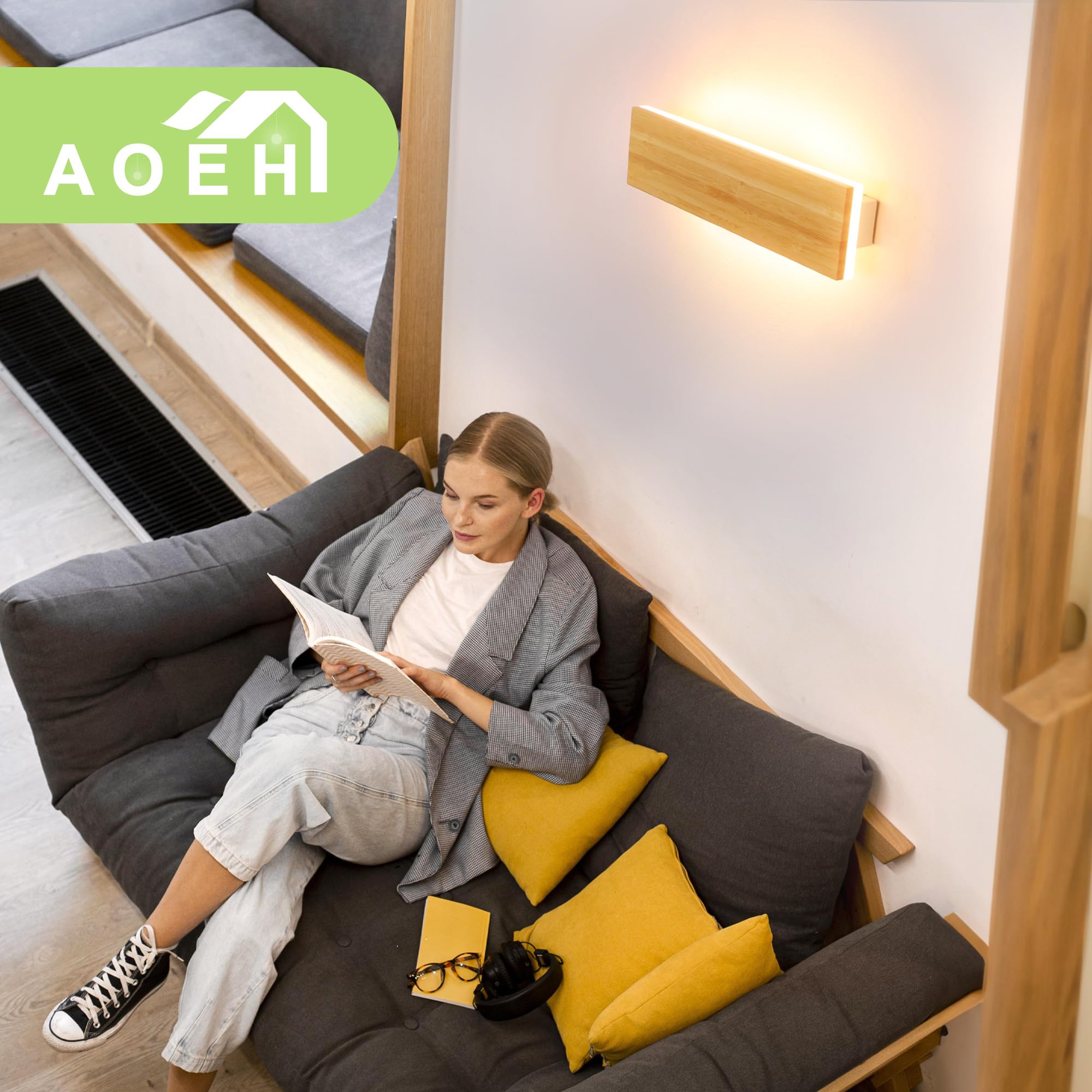 AOEH LED Holz Wandlampe 30cm 12W 3000K Moderner Stil für Schlafzimmer, Wohnzimmer, Flur und Treppe
