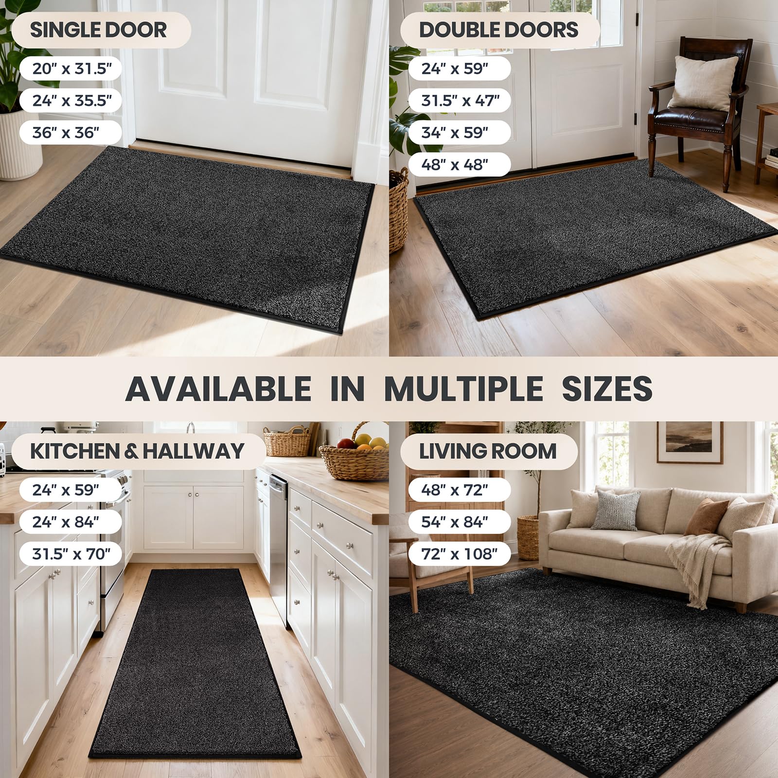 PURRUGS Paillasson anti-saleté - 60 x 90 cm - Antidérapant - Lavable en machine - Grattoir à chaussures - Super absorbant - Pour porte d'entrée, porte arrière, entrée, chaussures mouillées et pattes