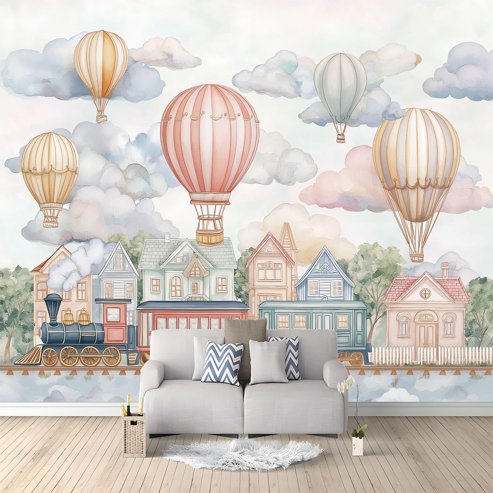Malowidła ścienne kreskówka balon na gorące powietrze pociąg miasto chmury tapeta z włókniny 250 x 175 cm duża fototapeta, do salonu sypialni pokrycie ścienne mural dekoracja fototapeta biała
