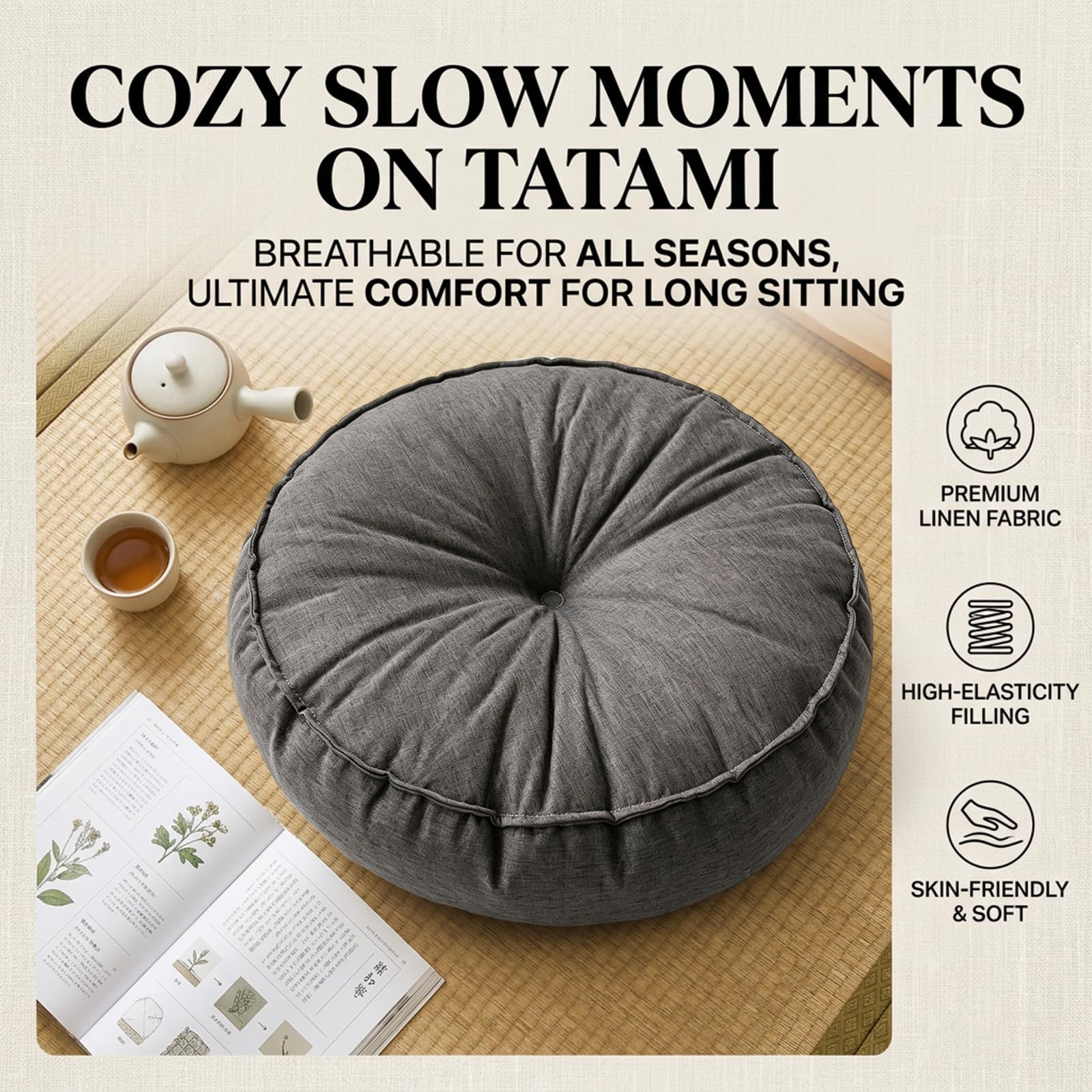Cuscino per seduta rotondo, impermeabile e resistente alle intemperie, per interni ed esterni, 10 cm di altezza e 45 cm di diametro, ideale per casa, giardino e uso sul pavimento (grigio scuro)